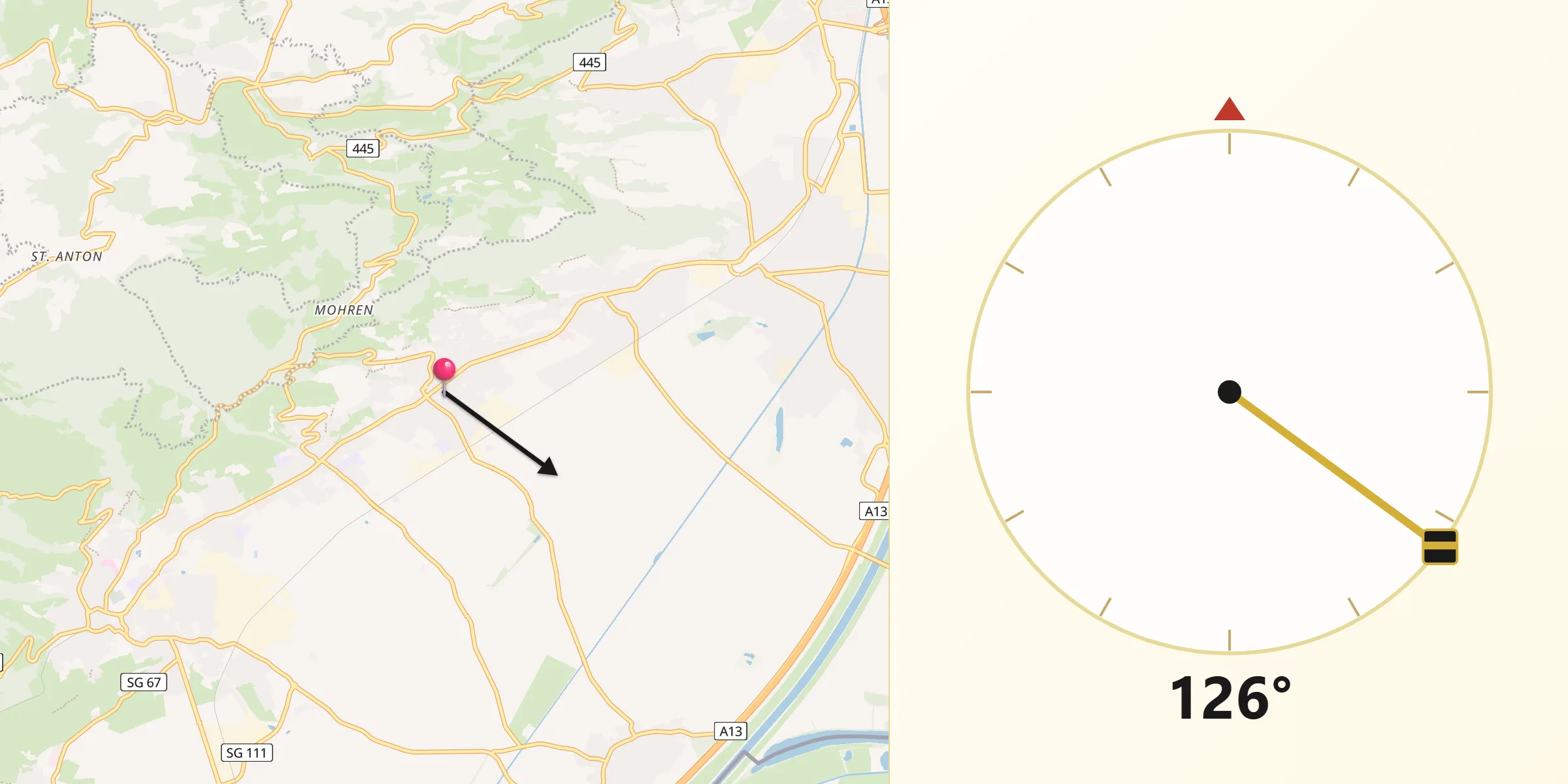 Direction vers la Qibla depuis Rebstein