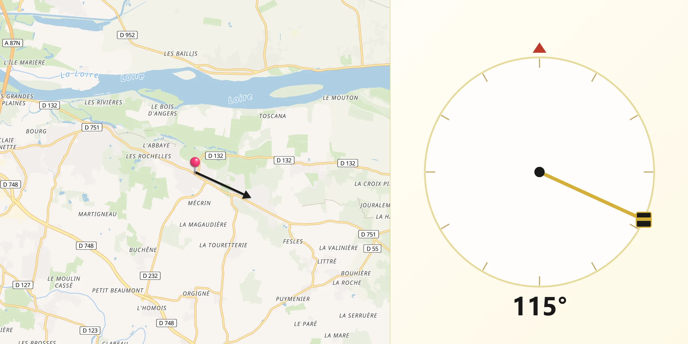 Direction vers la Qibla depuis Saint-Jean-des-Mauvrets