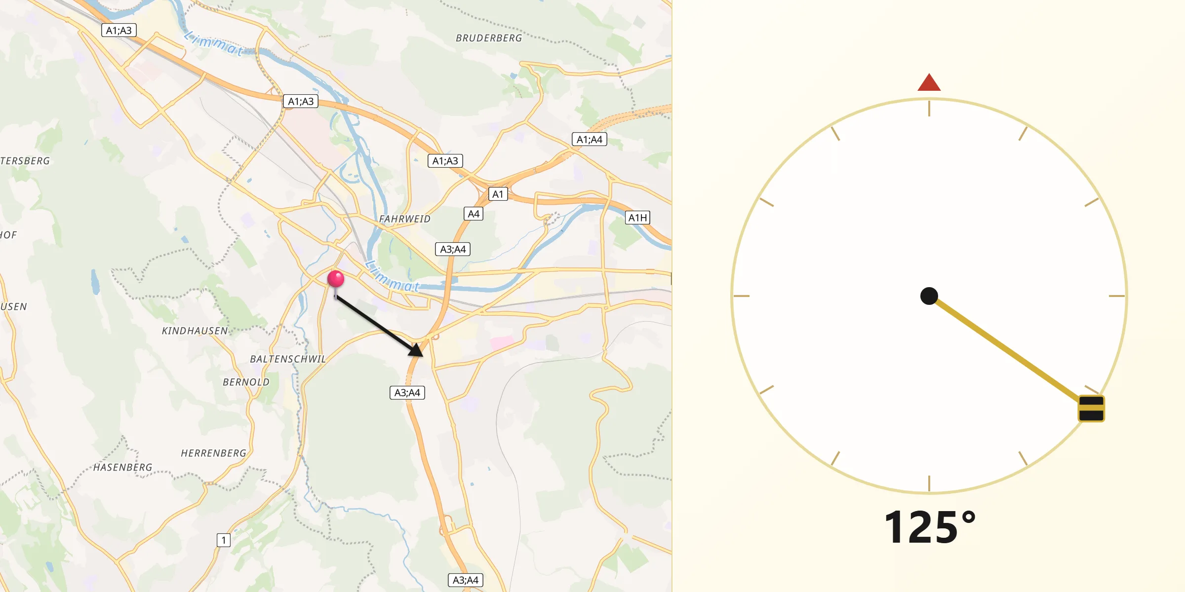 Qibla-Richtung von Dietikon / Kreuzacker