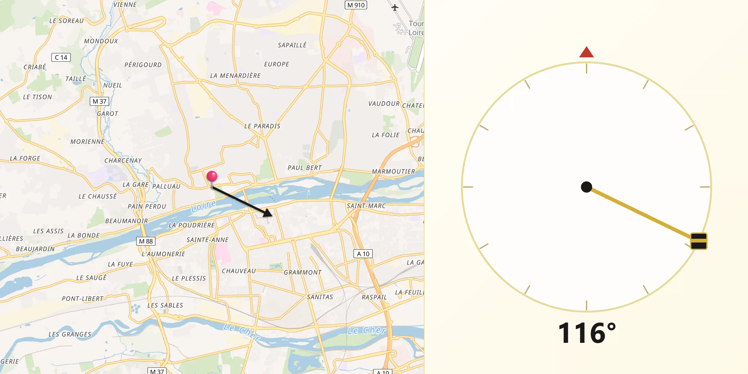Direction vers la Qibla depuis Saint-Cyr-sur-Loire