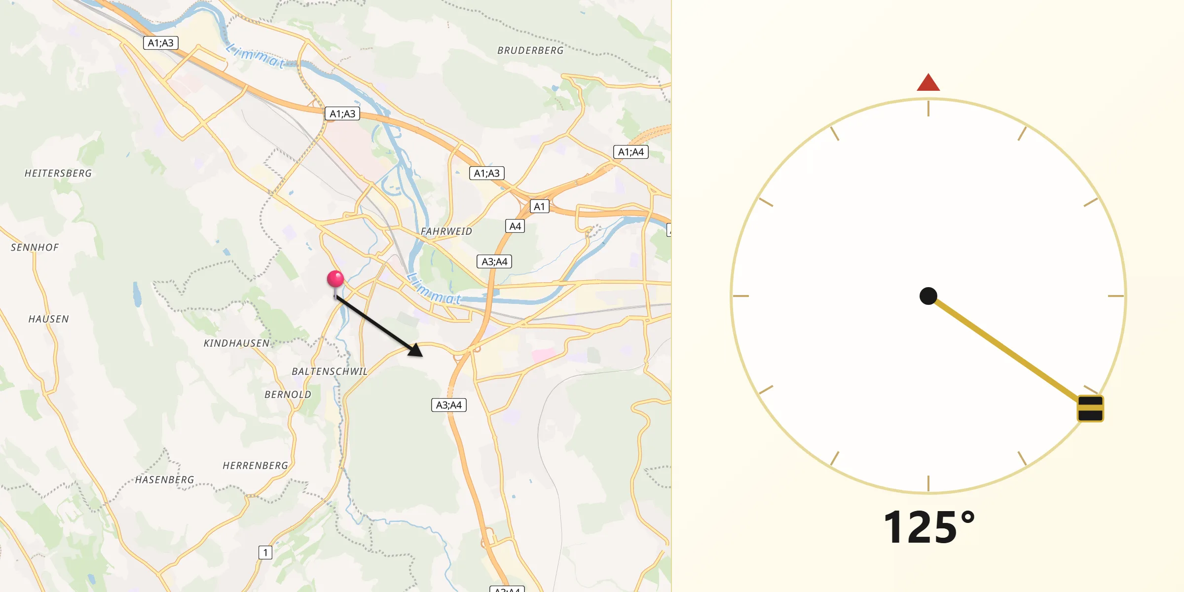 Direction vers la Qibla depuis Dietikon / Oberdorf