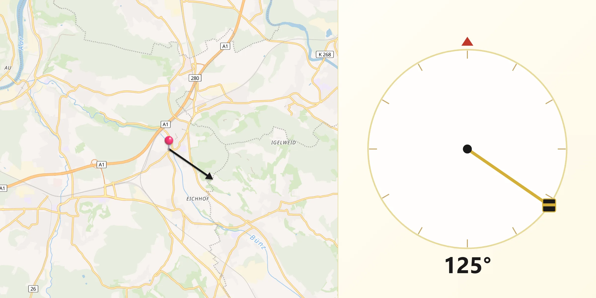 Direction vers la Qibla depuis Othmarsingen