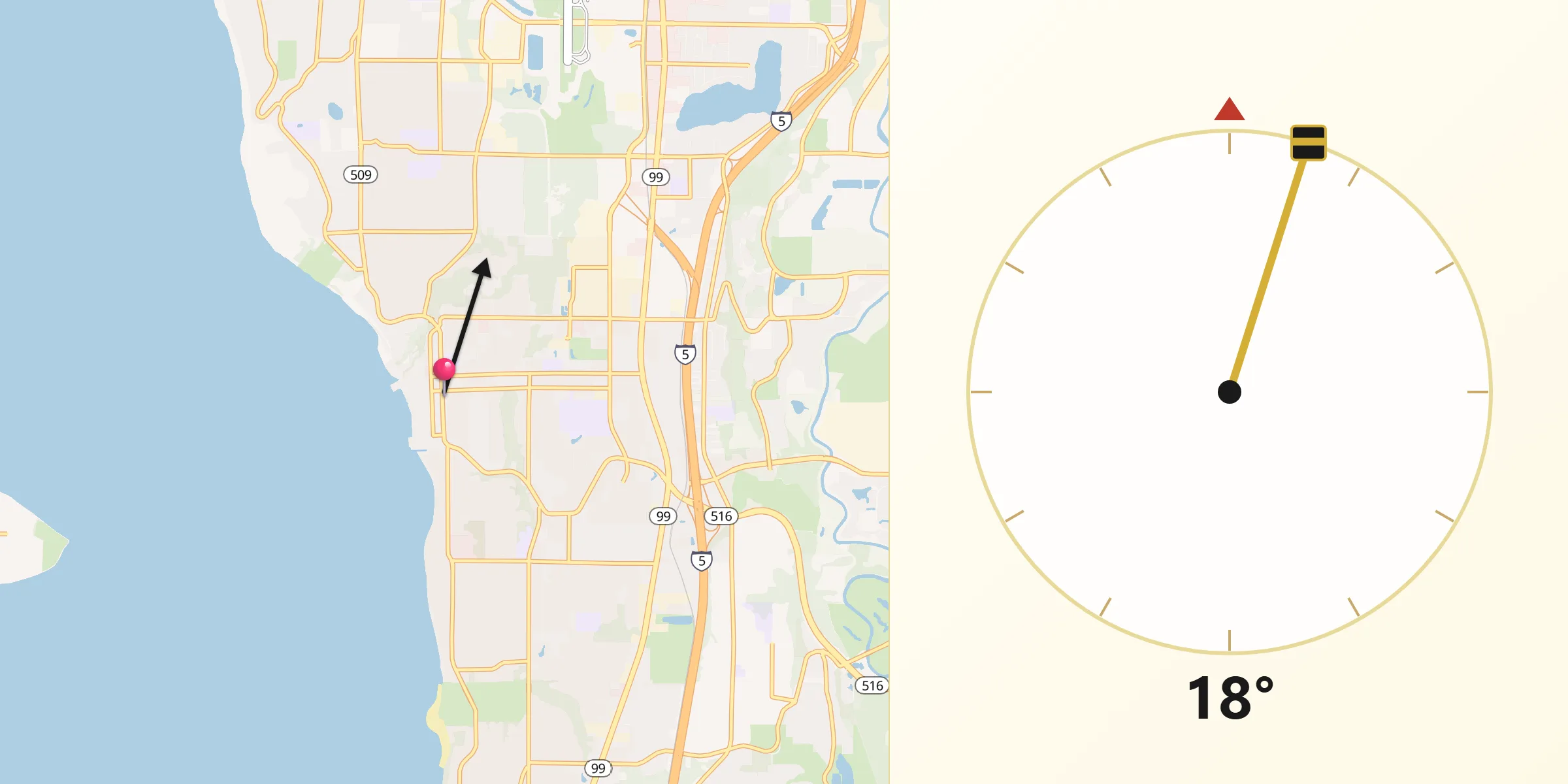 Dirección de la Qibla desde Des Moines
