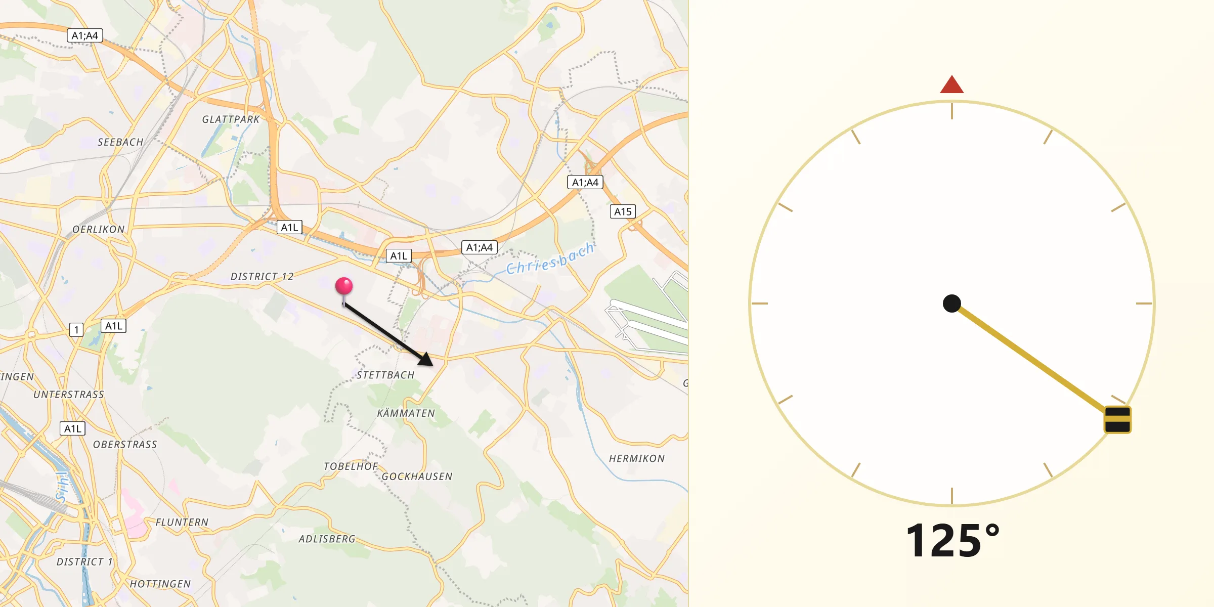 Qibla-Richtung von Zürich (Kreis 12) / Hirzenbach