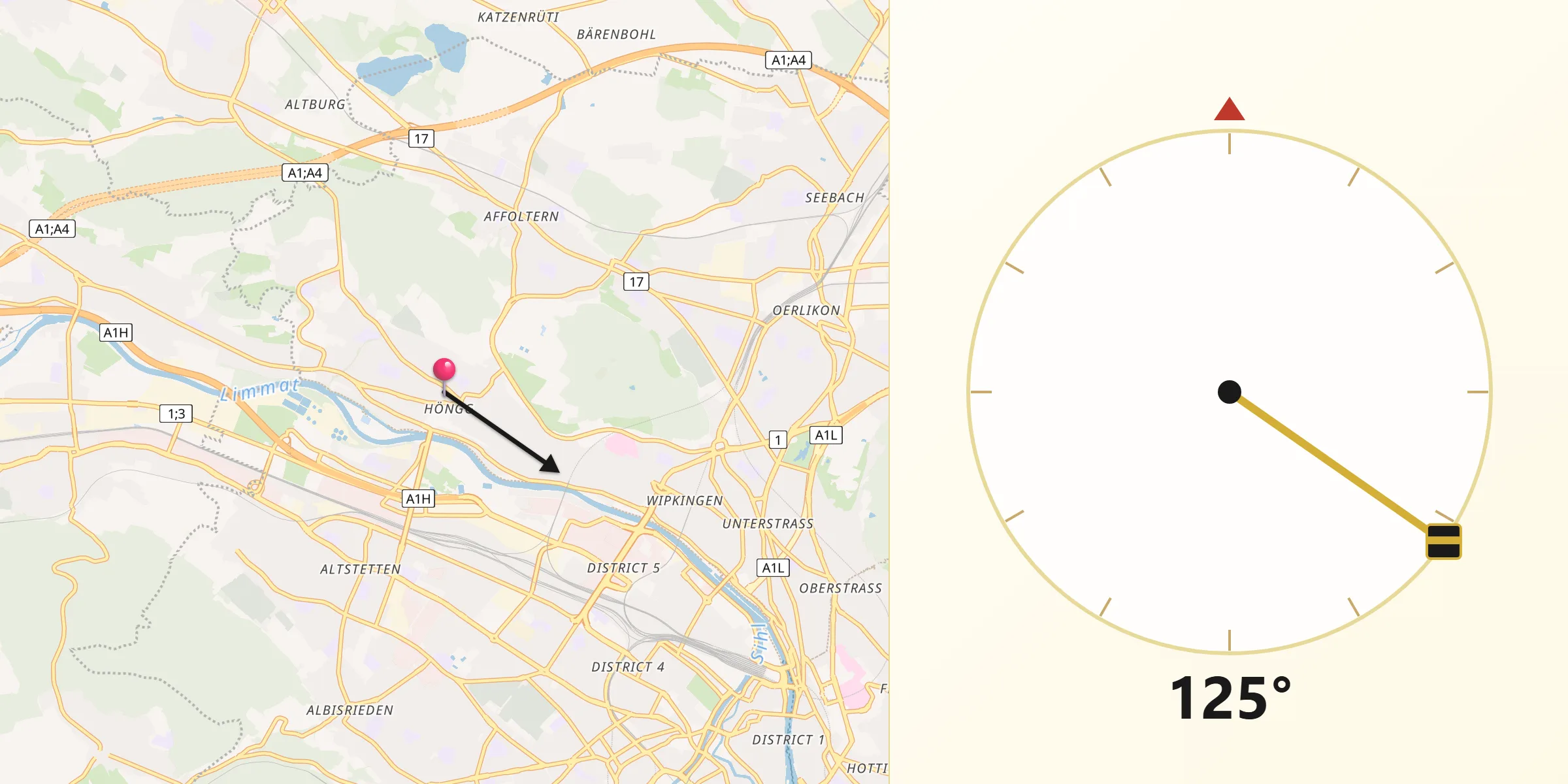Qibla-Richtung von Zürich (Kreis 10) / Höngg