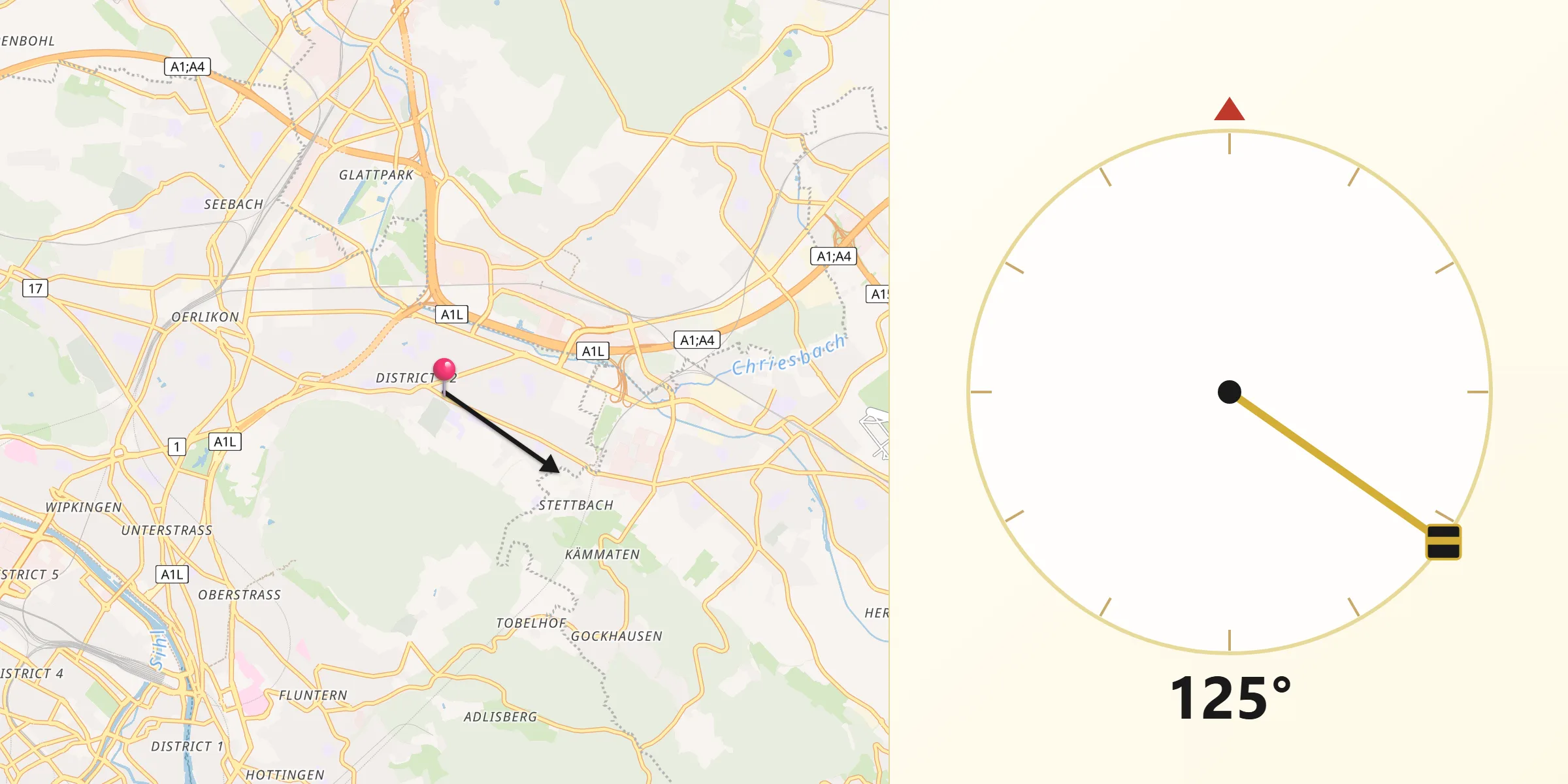 Qibla-Richtung von Zürich (Kreis 12)