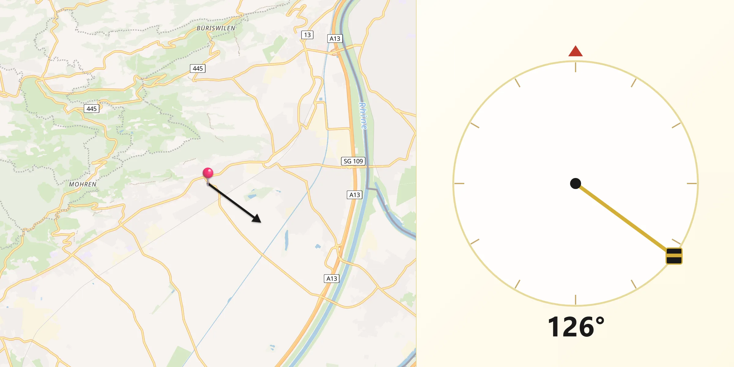 Direction vers la Qibla depuis Balgach