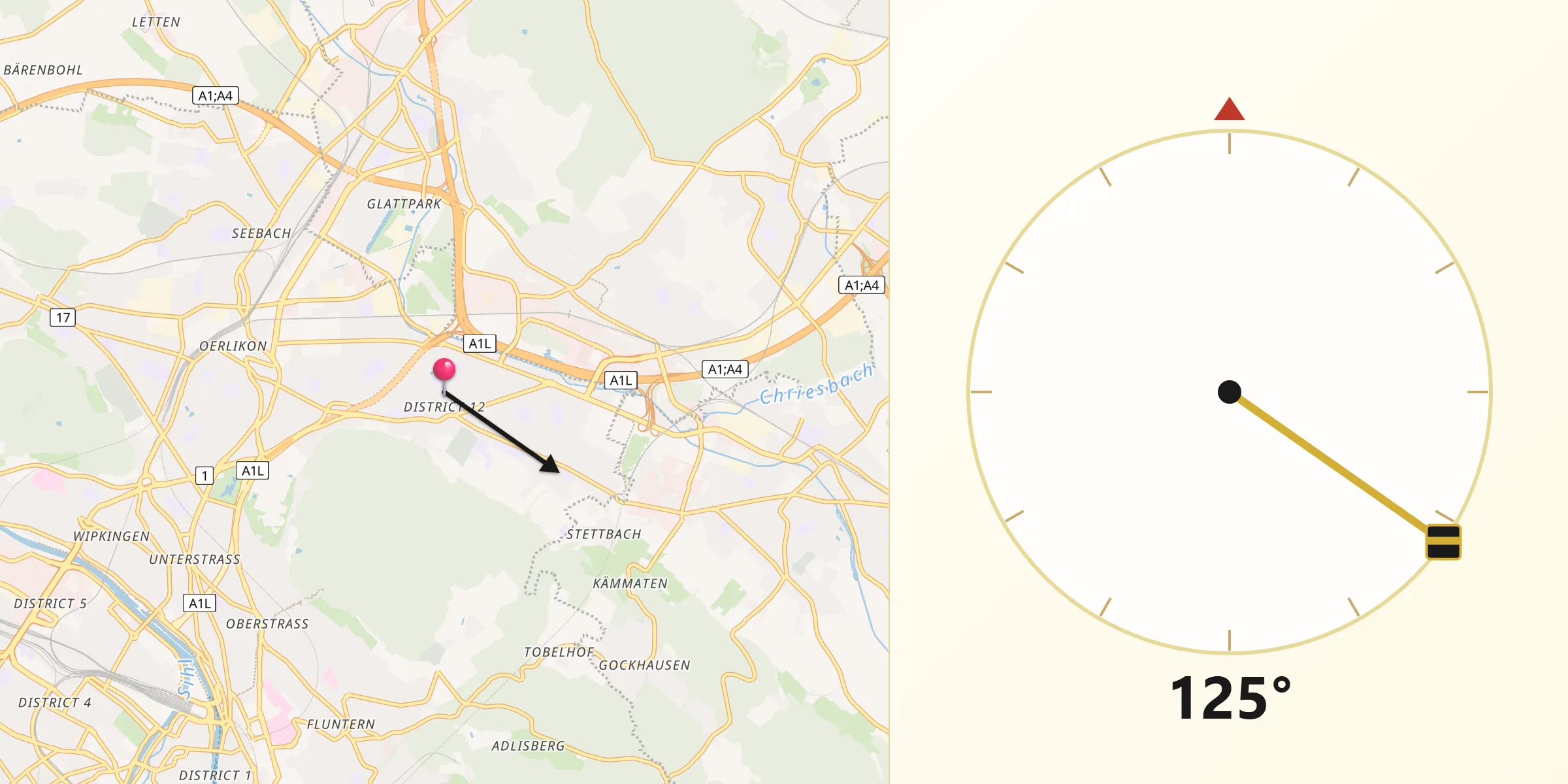 Qibla-Richtung von Zürich (Kreis 12) / Schwamendingen-Mitte