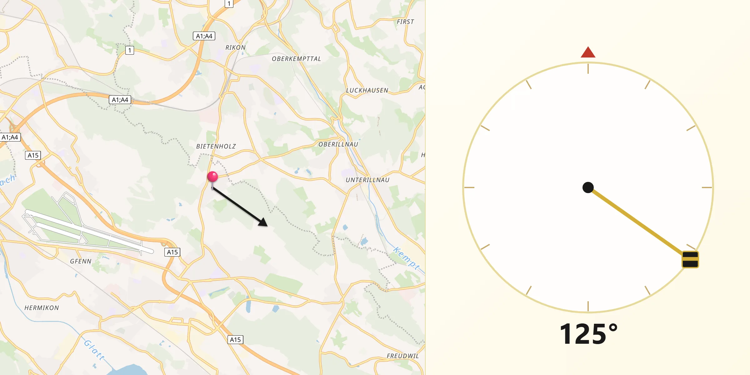 Qibla-Richtung von Kindhausen / Kindhausen (Dorf)