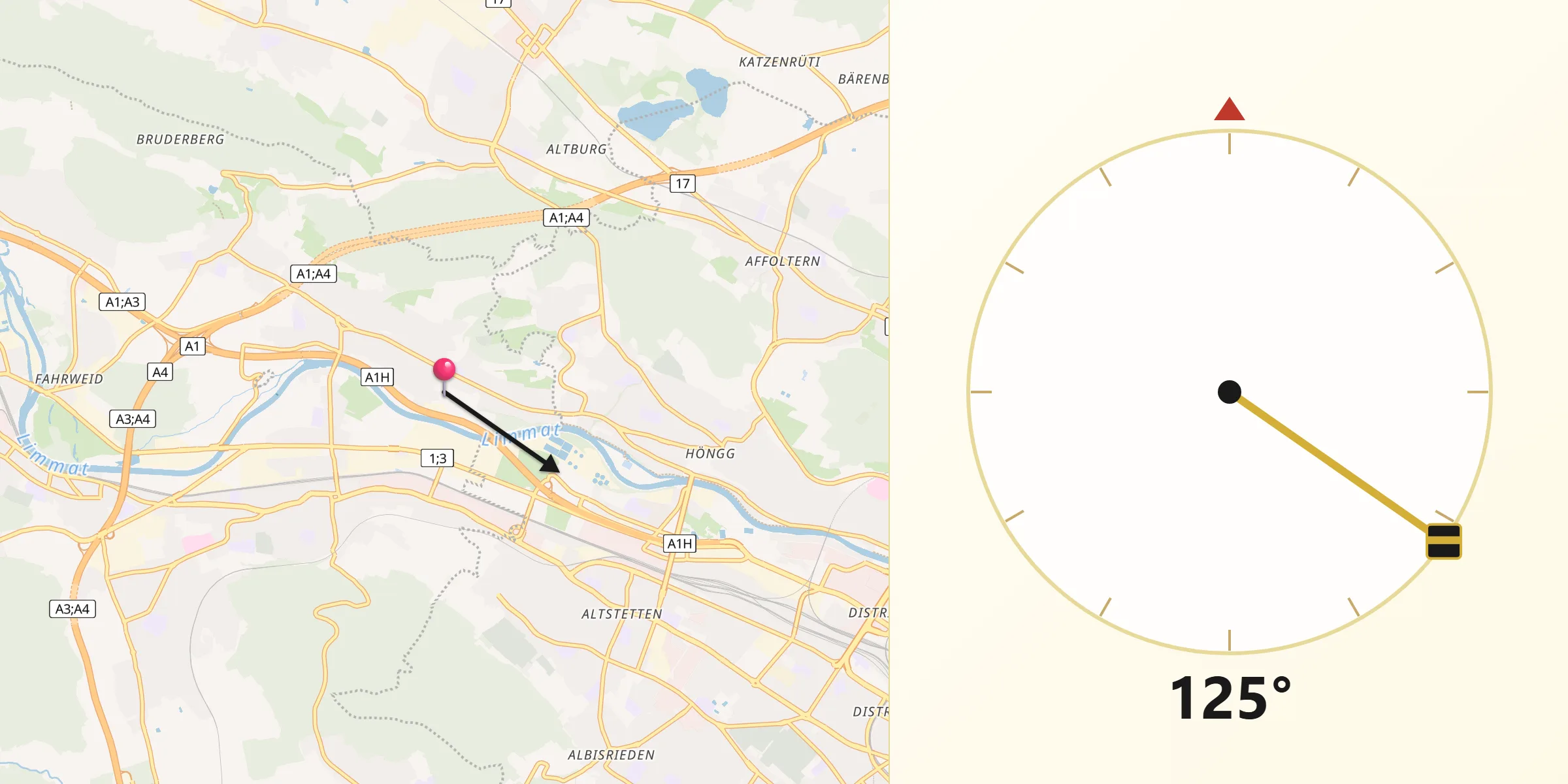 Direzione della Qibla da Oberengstringen / Zentrum