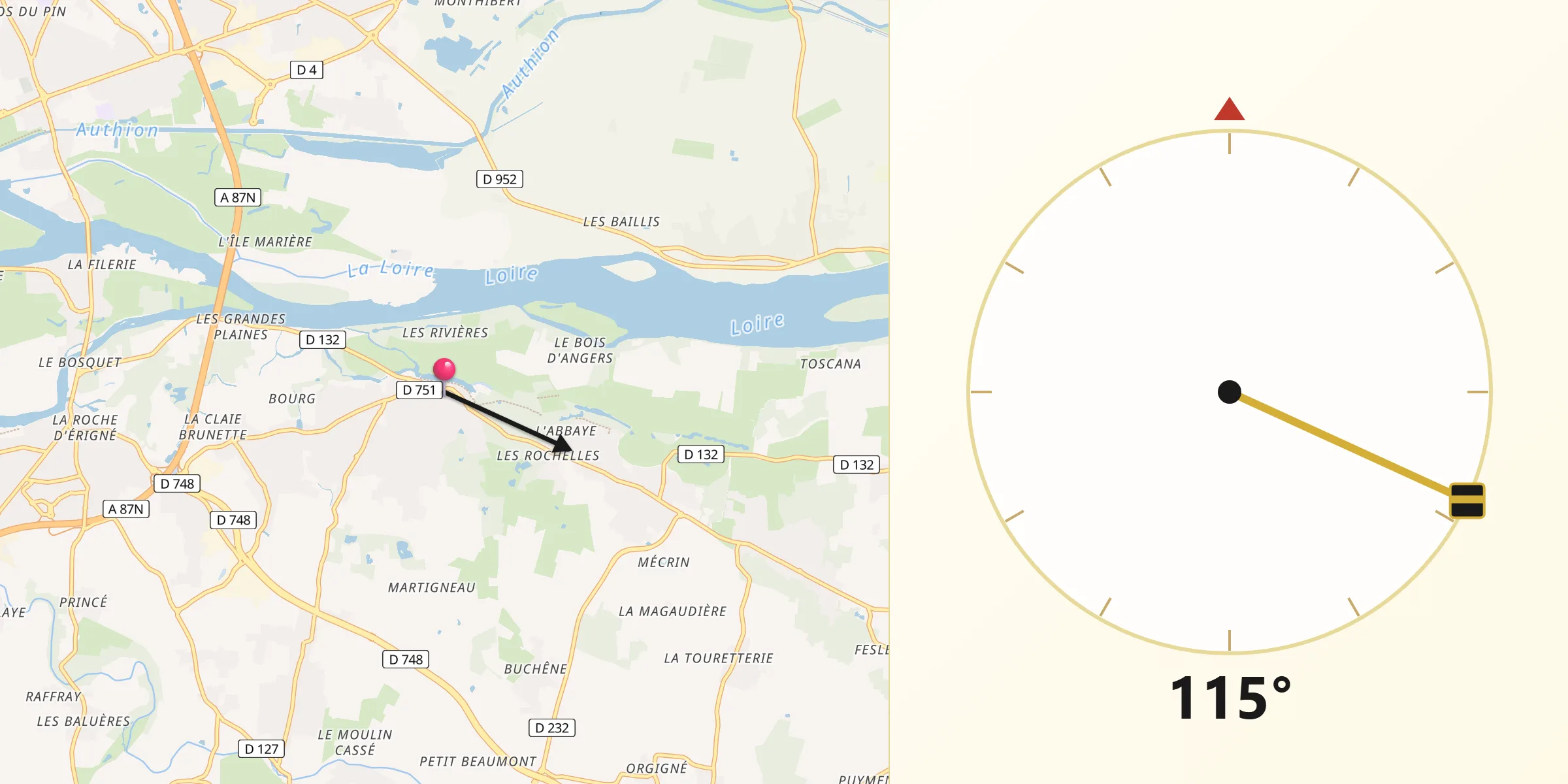 Direction vers la Qibla depuis Juigné-sur-Loire