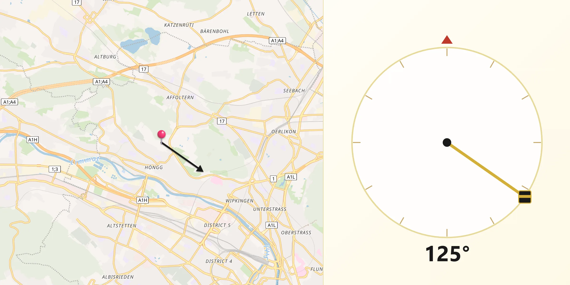 Direction vers la Qibla depuis Zürich (Kreis 10)