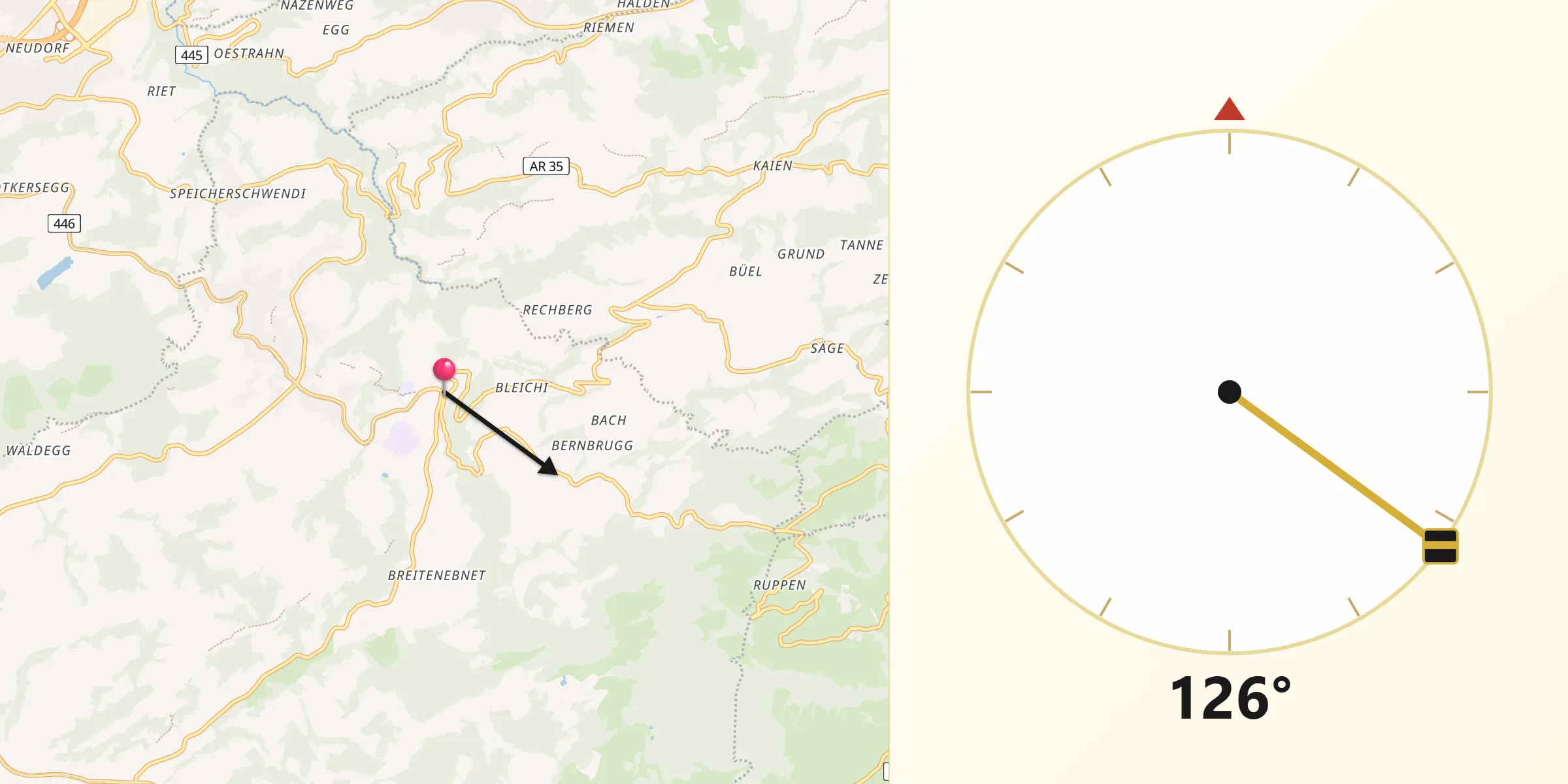 Direction vers la Qibla depuis Trogen