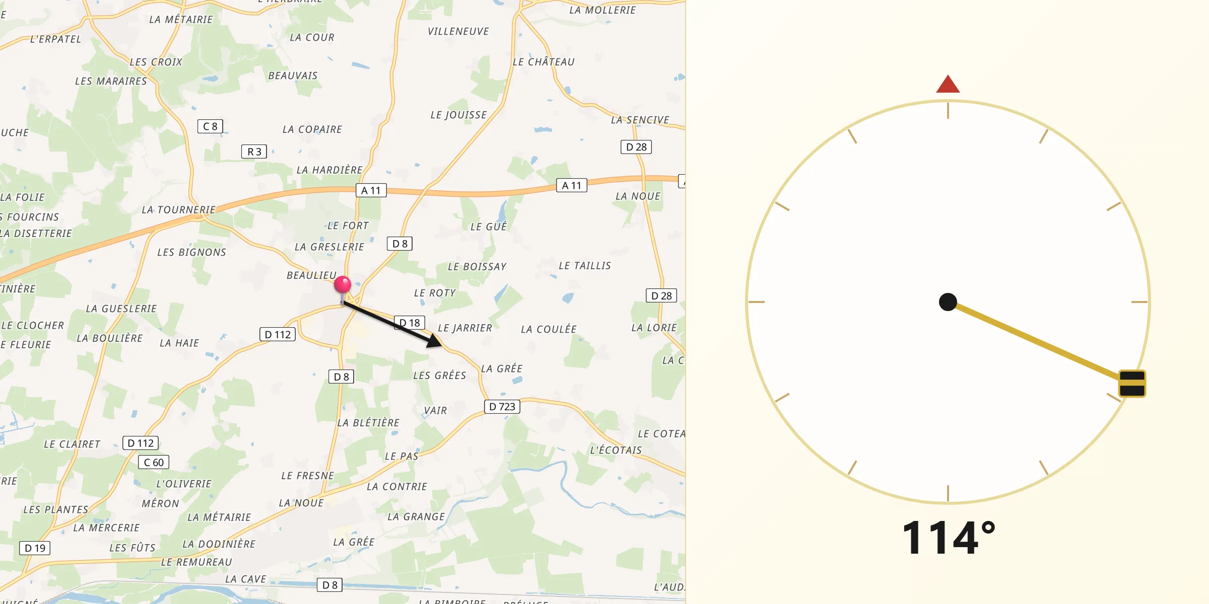 Direction vers la Qibla depuis Saint-Herblon