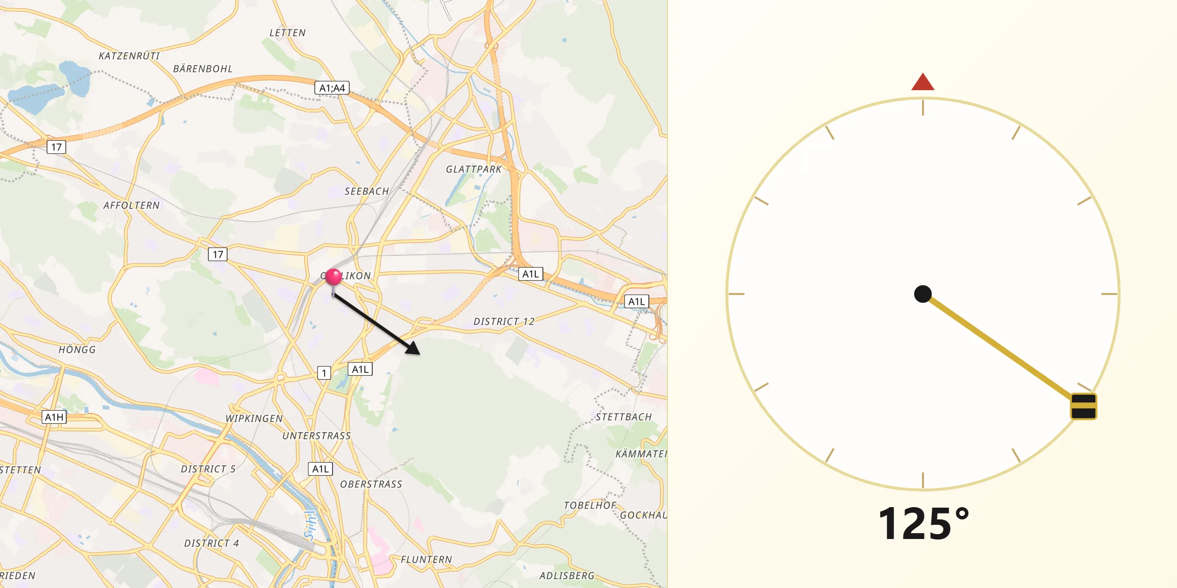 Qibla-Richtung von Zürich (Kreis 11) / Oerlikon