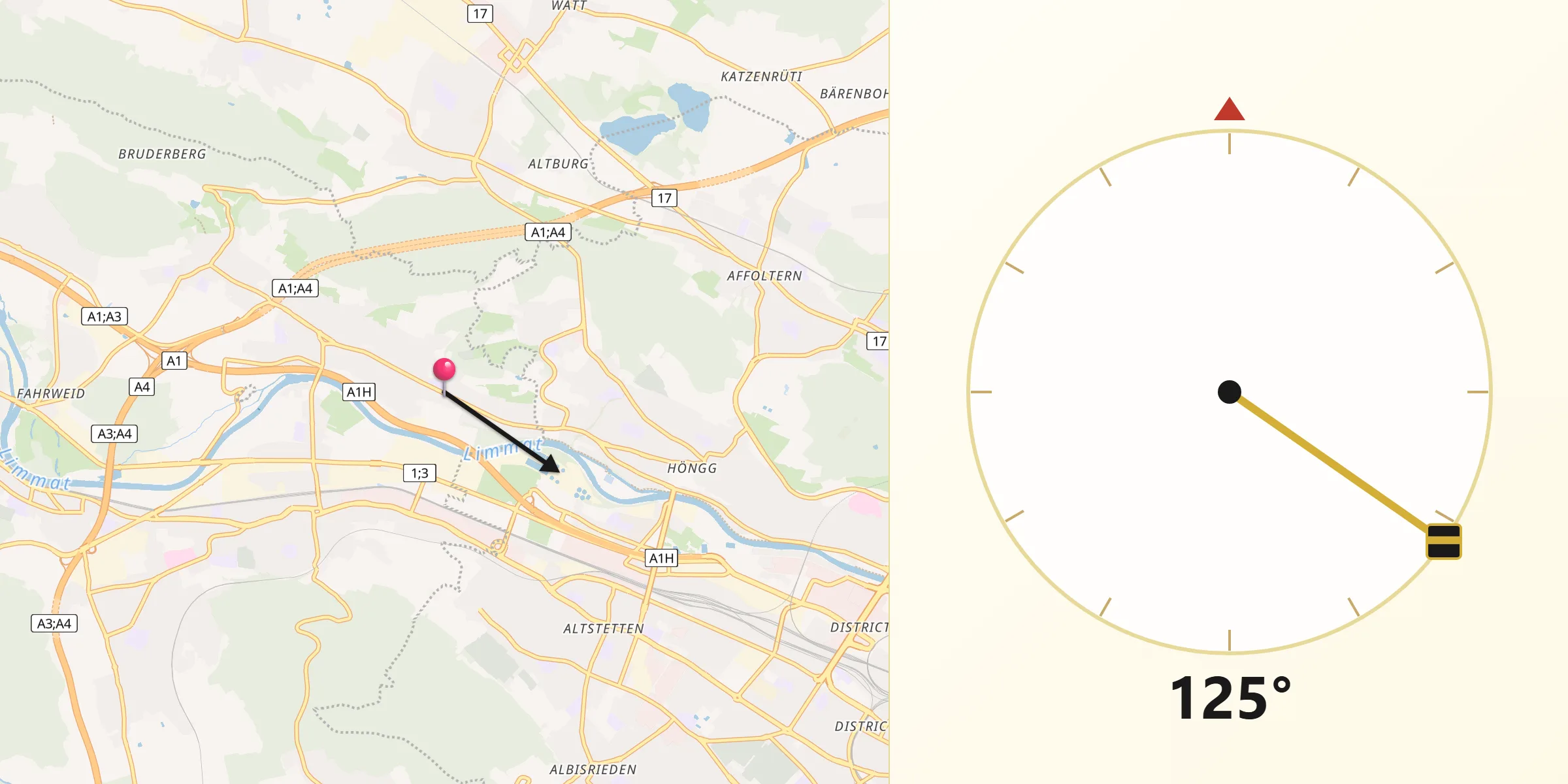 Direction vers la Qibla depuis Oberengstringen