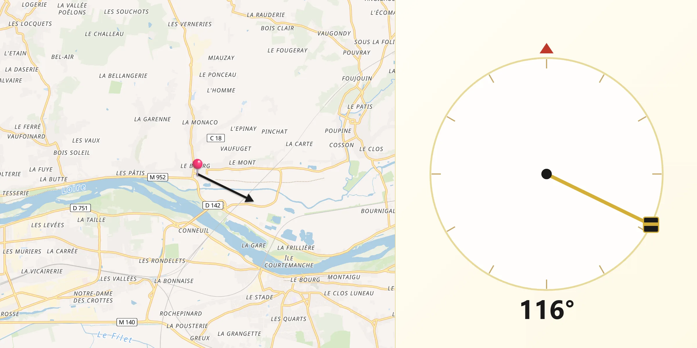 Direction vers la Qibla depuis Vouvray