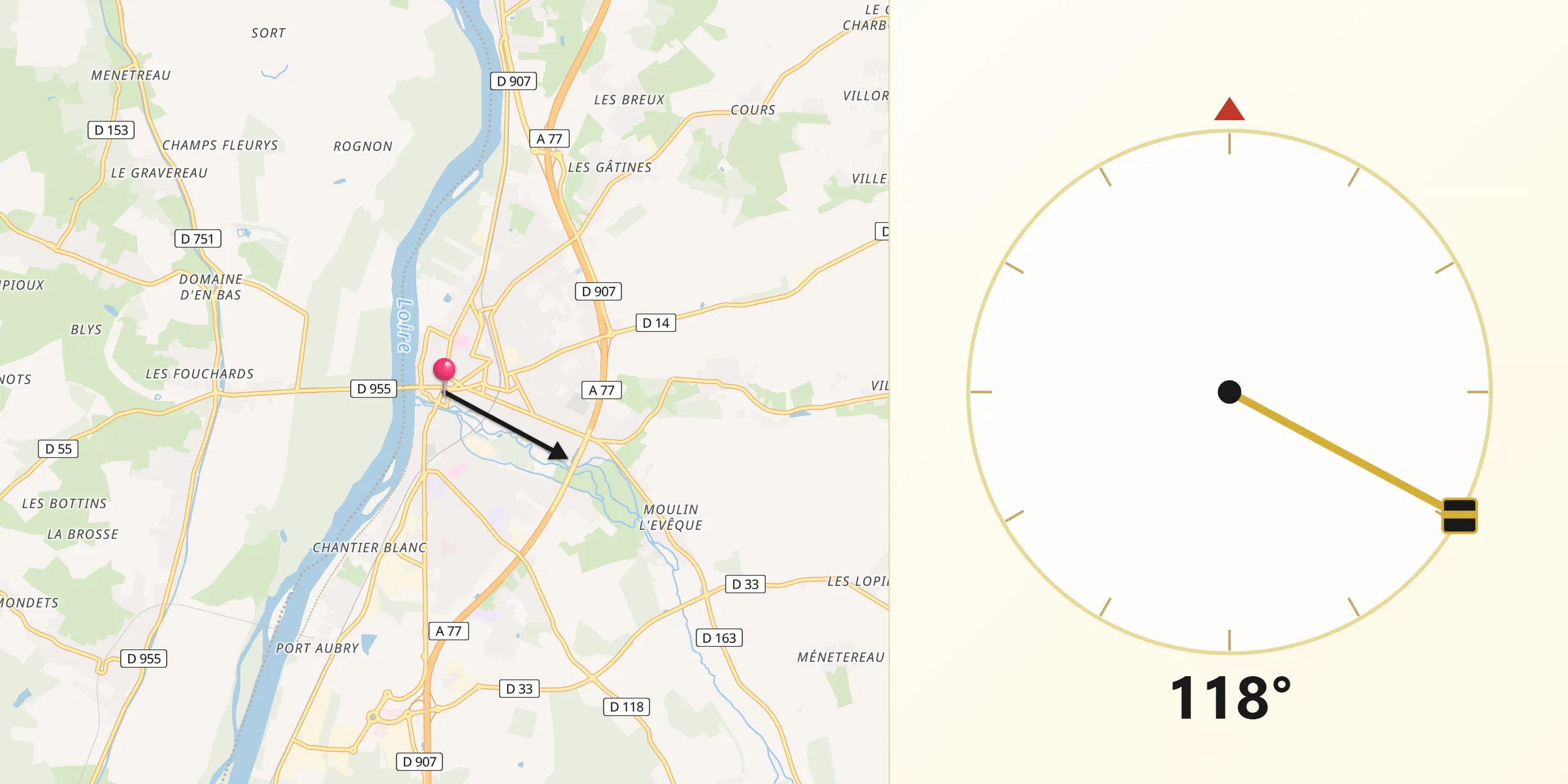 Direction vers la Qibla depuis Cosne-Cours-sur-Loire