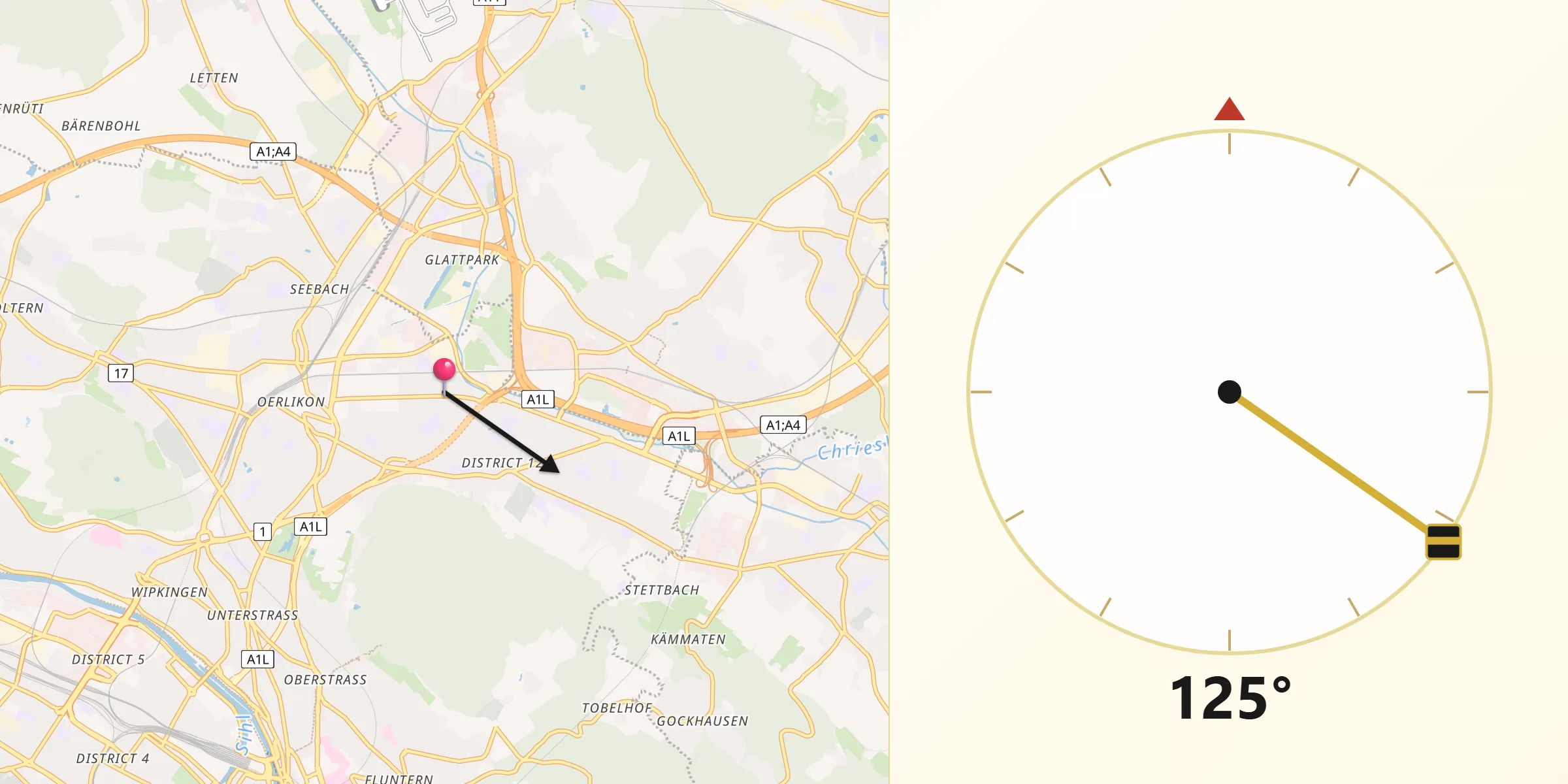 Qibla-Richtung von Zürich (Kreis 12) / Saatlen