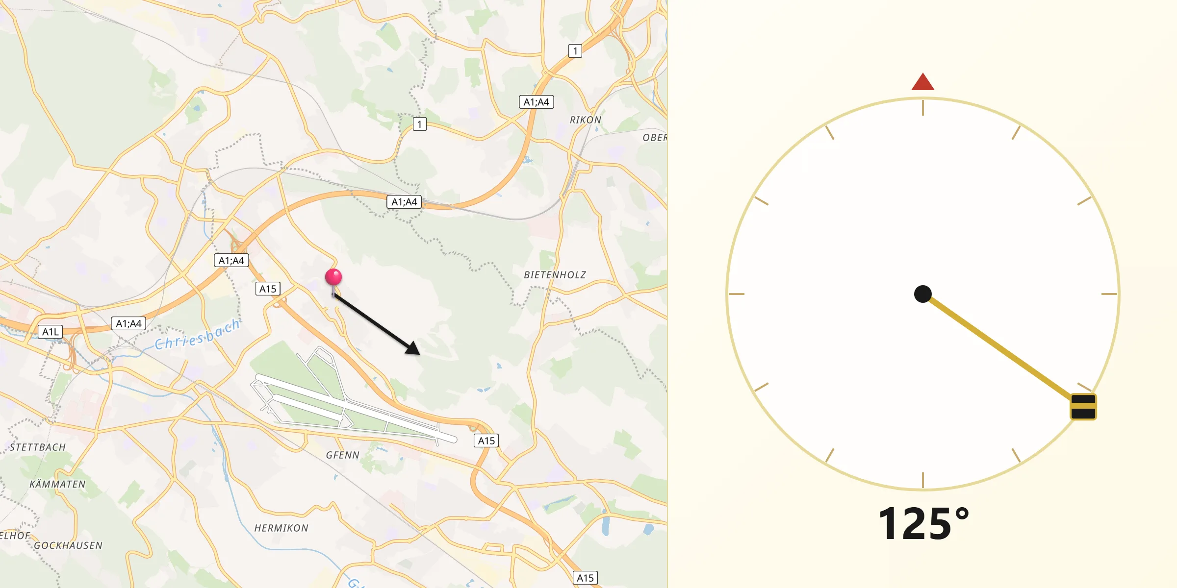 Direction vers la Qibla depuis Wangen