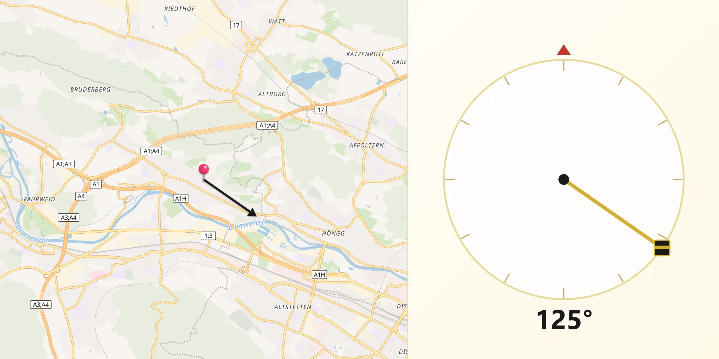 Direction vers la Qibla depuis Oberengstringen / Sonnenberg