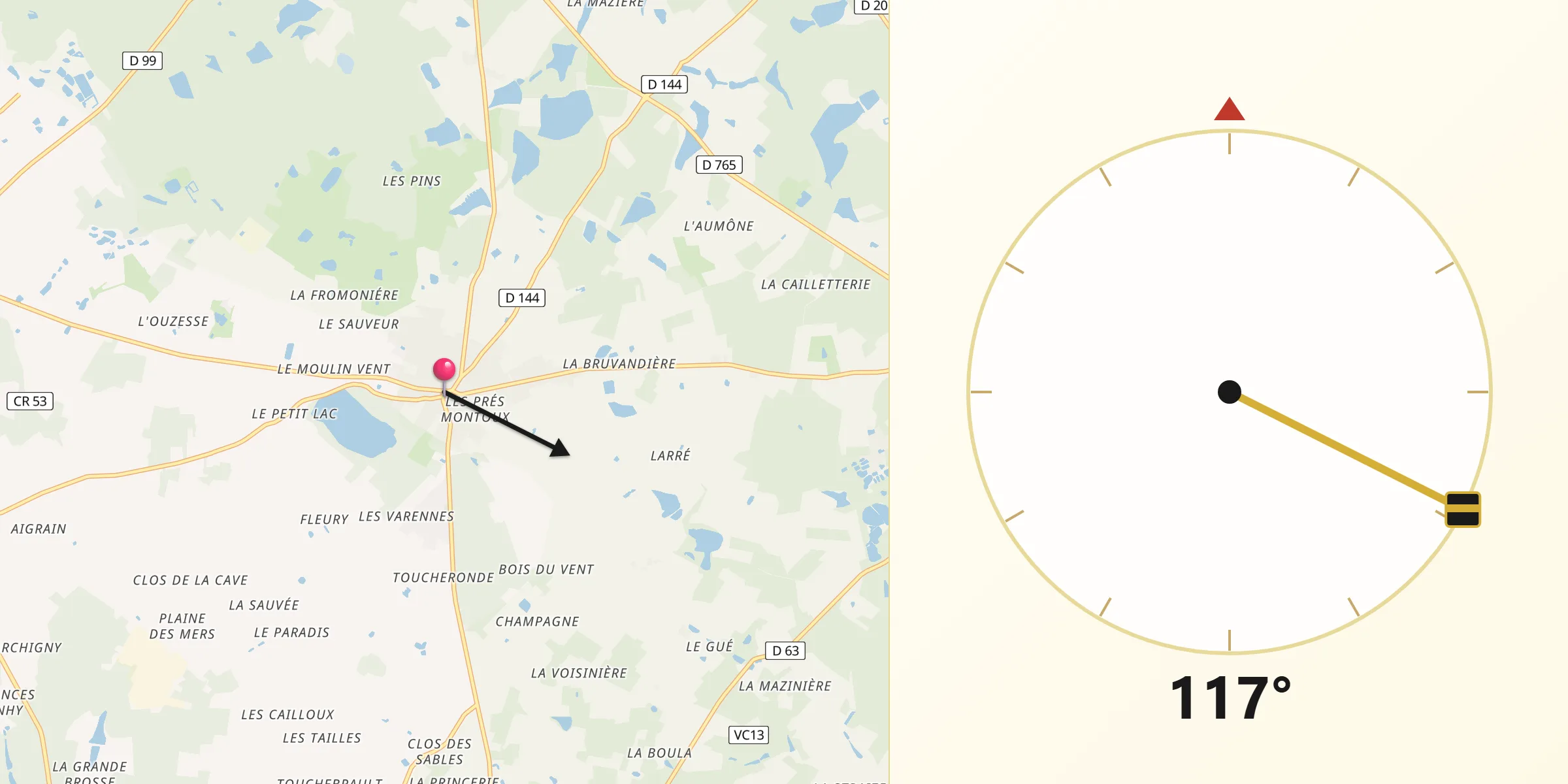 Direction vers la Qibla depuis Soings-en-Sologne