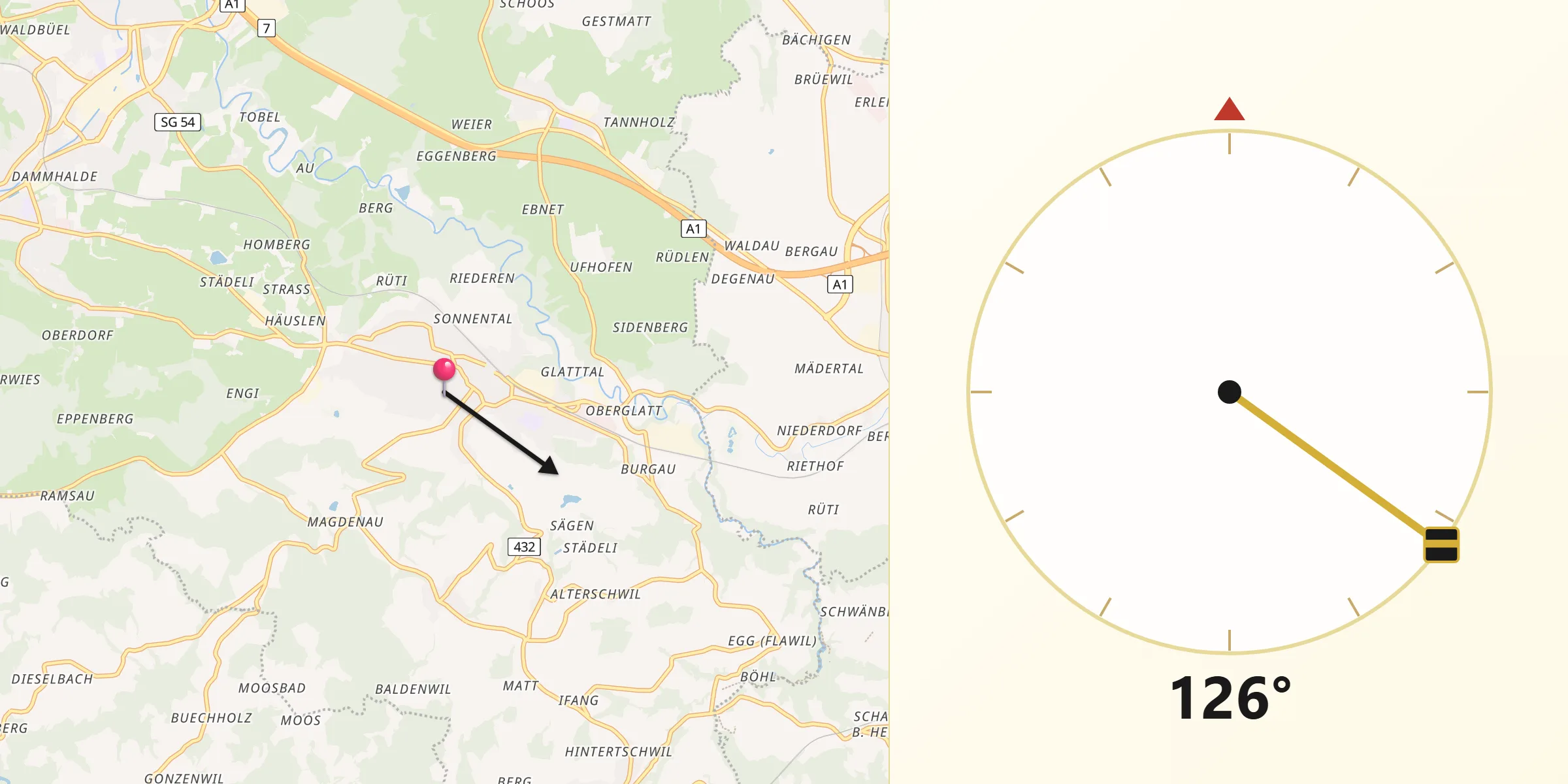 Direction vers la Qibla depuis Flawil
