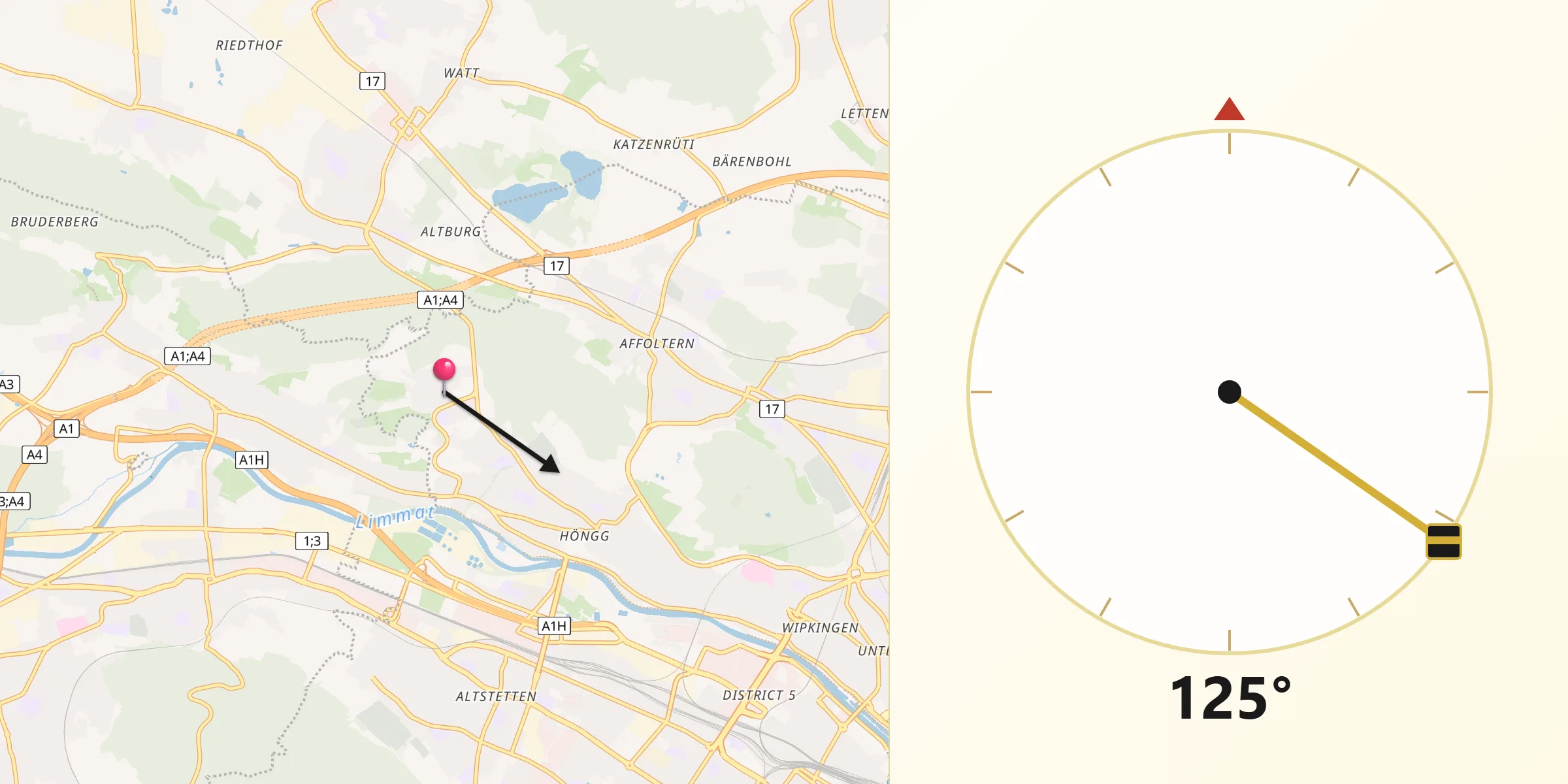 Qibla-Richtung von Zürich (Kreis 10) / Rütihof