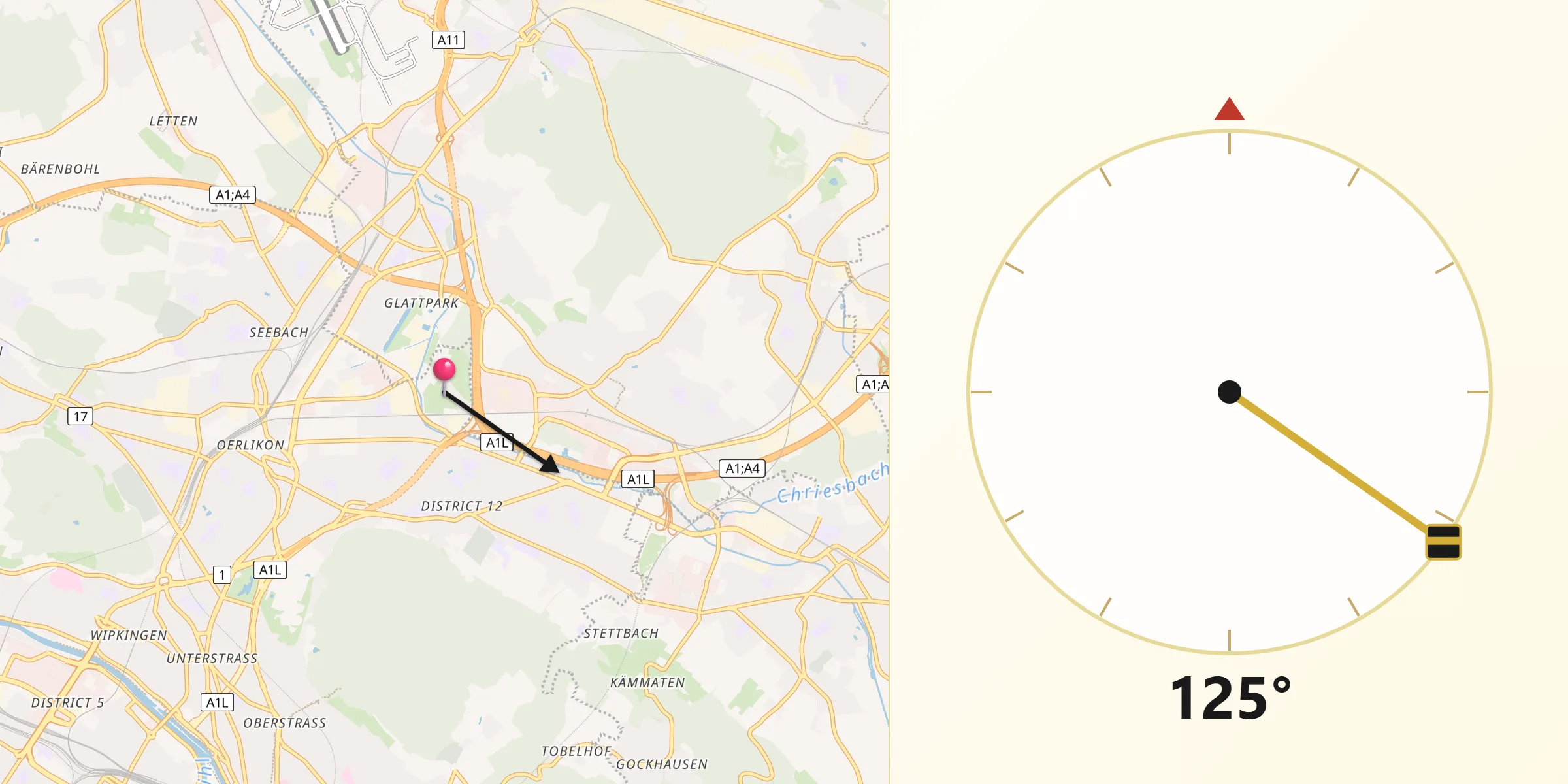 Qibla-Richtung von Zürich (Kreis 12) / Auzelg