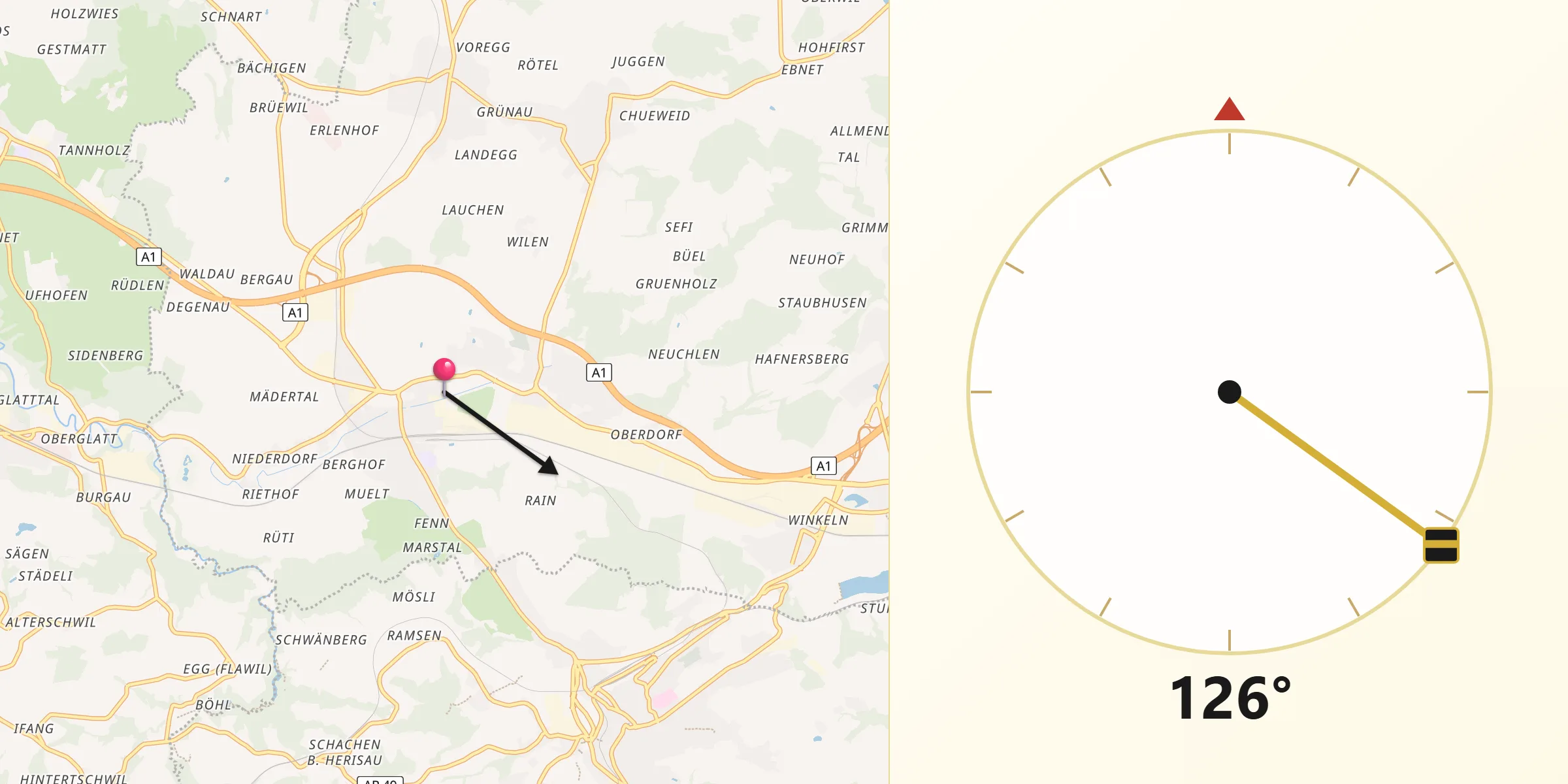 Direction vers la Qibla depuis Gossau