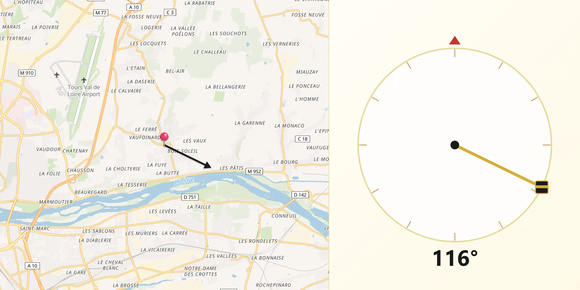 Direction vers la Qibla depuis Rochecorbon