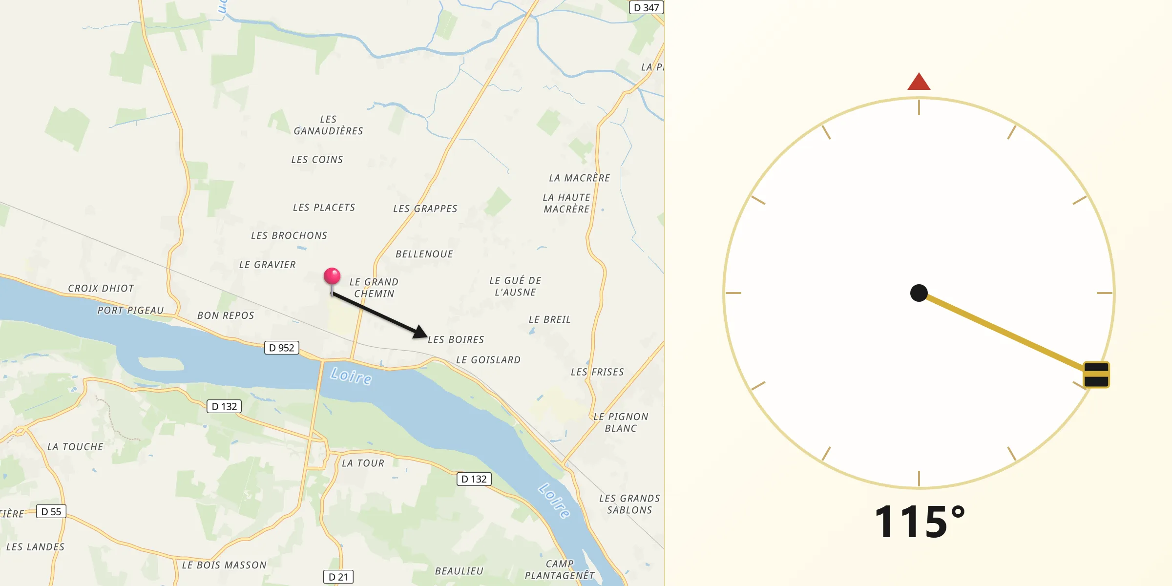 Direction vers la Qibla depuis Saint-Mathurin-sur-Loire