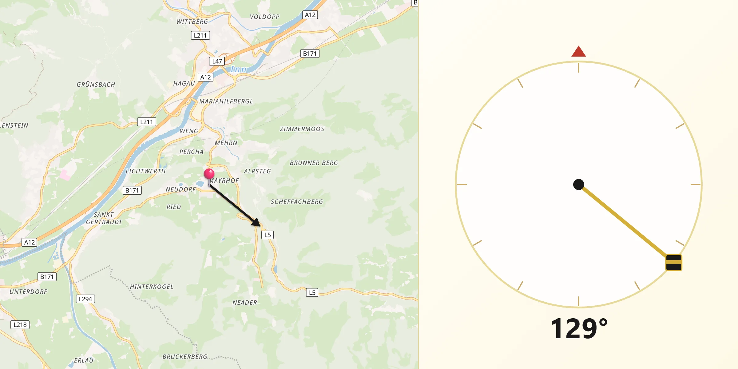 Qibla-Richtung von Reith im Alpbachtal