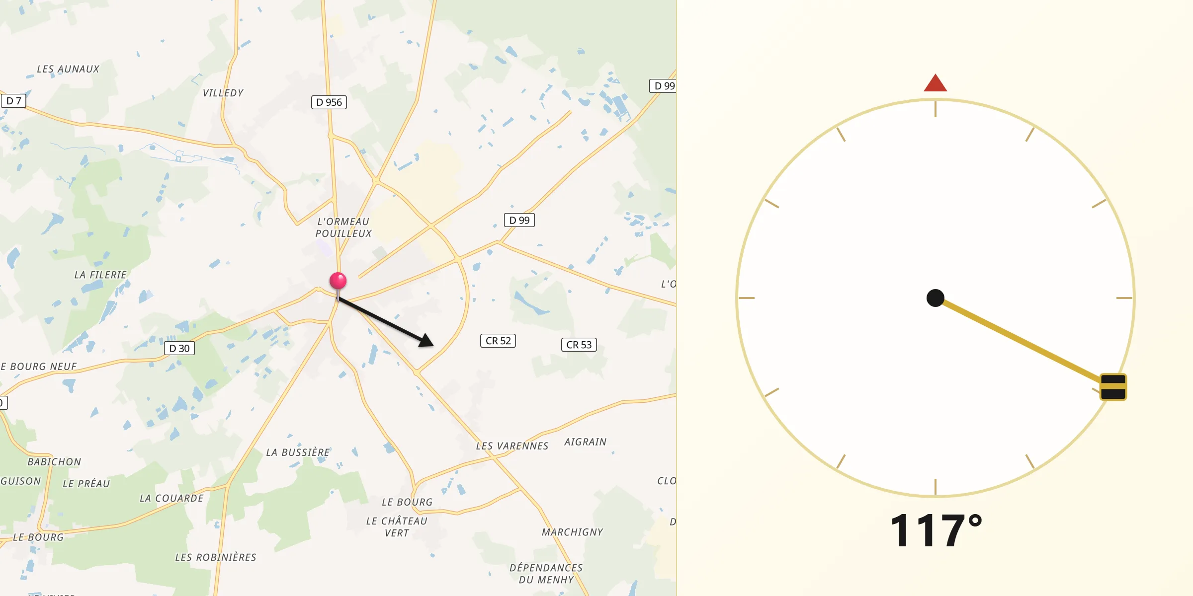 Direction vers la Qibla depuis Contres