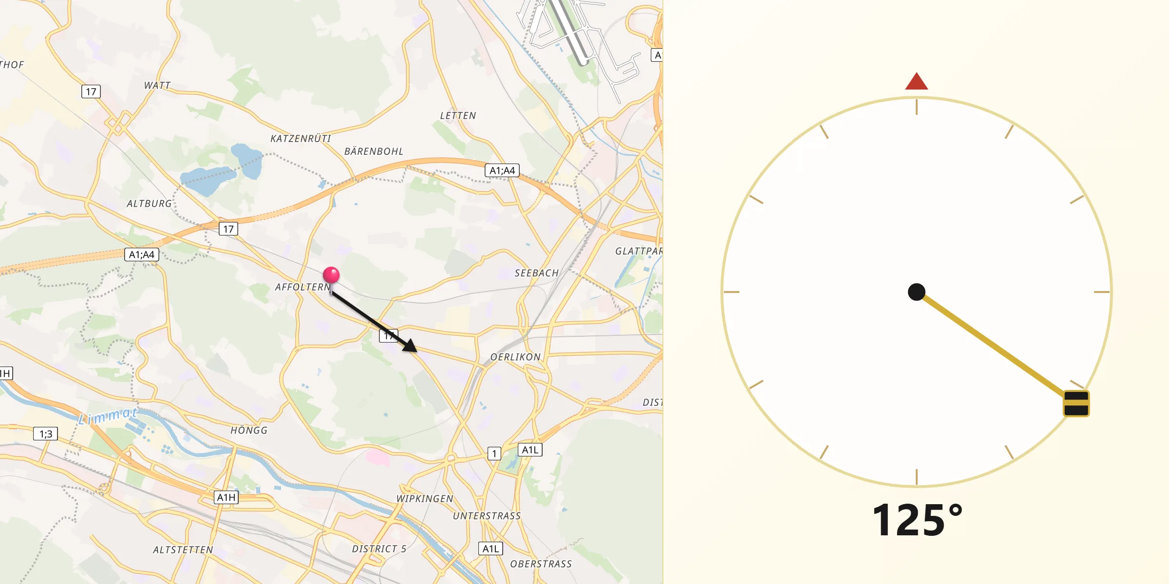 Qibla-Richtung von Zürich (Kreis 11) / Affoltern