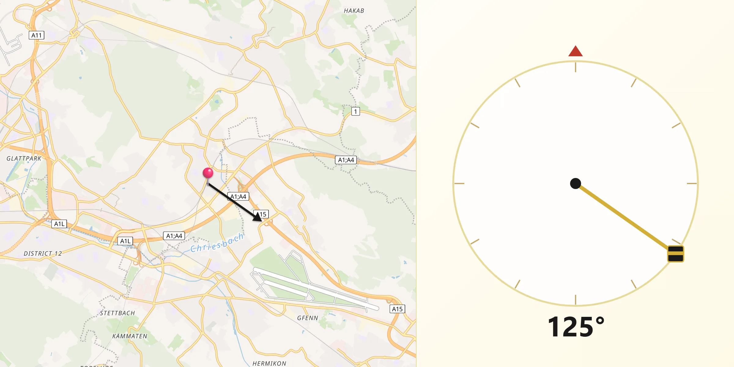 Qibla-Richtung von Dietlikon / Dietlikon (Dorf)