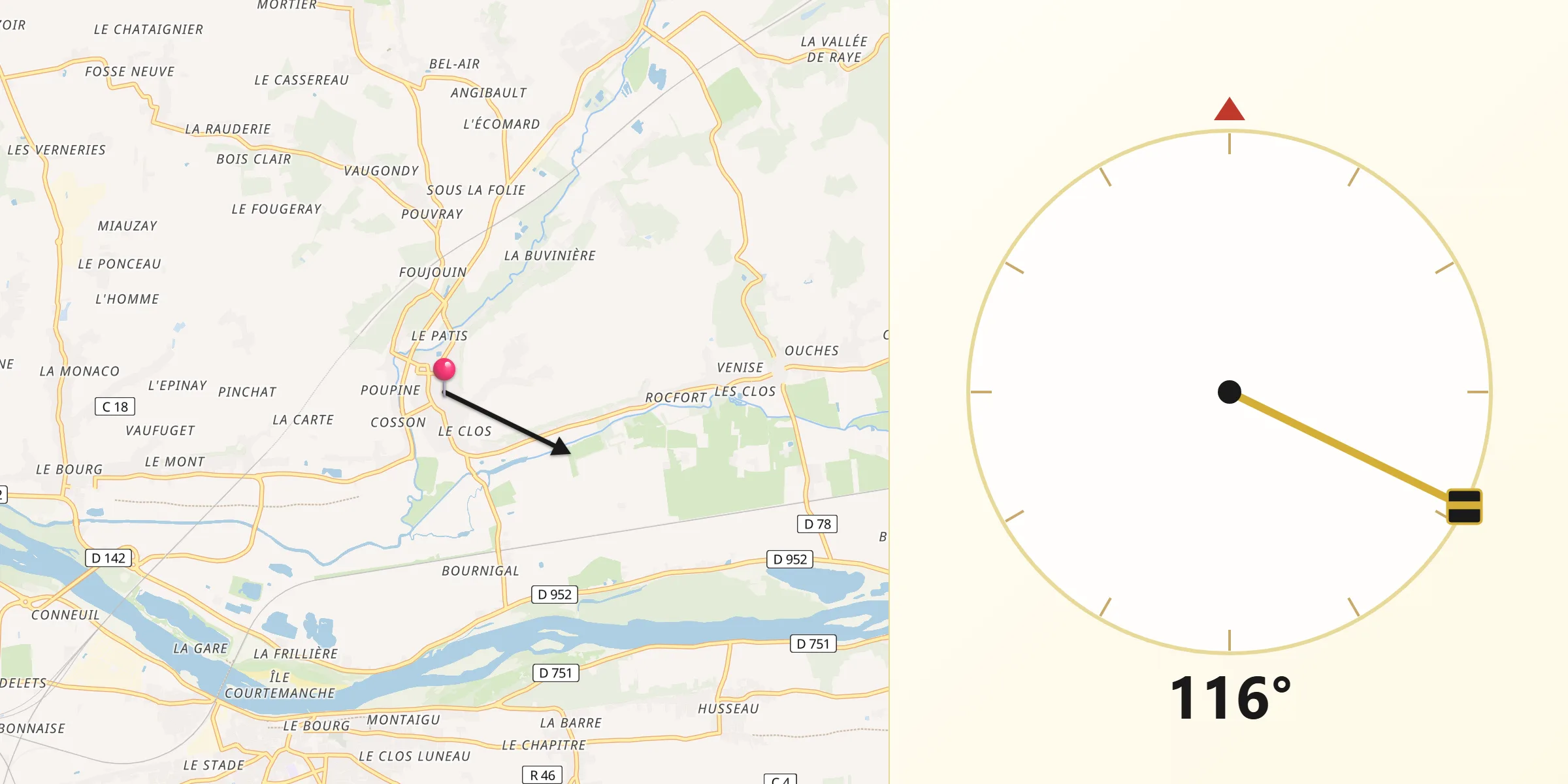 Direction vers la Qibla depuis Vernou-sur-Brenne