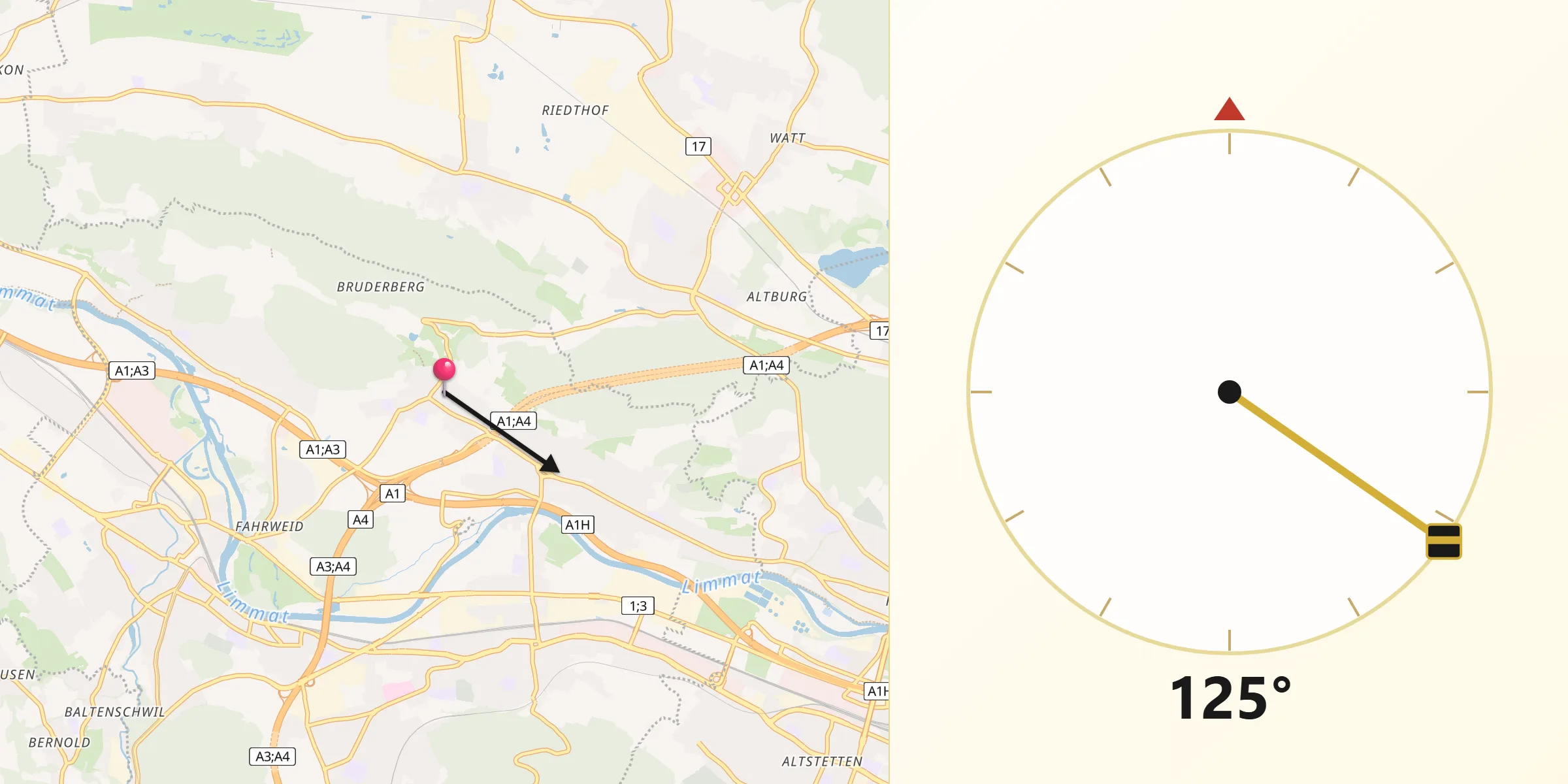 Direction vers la Qibla depuis Weiningen