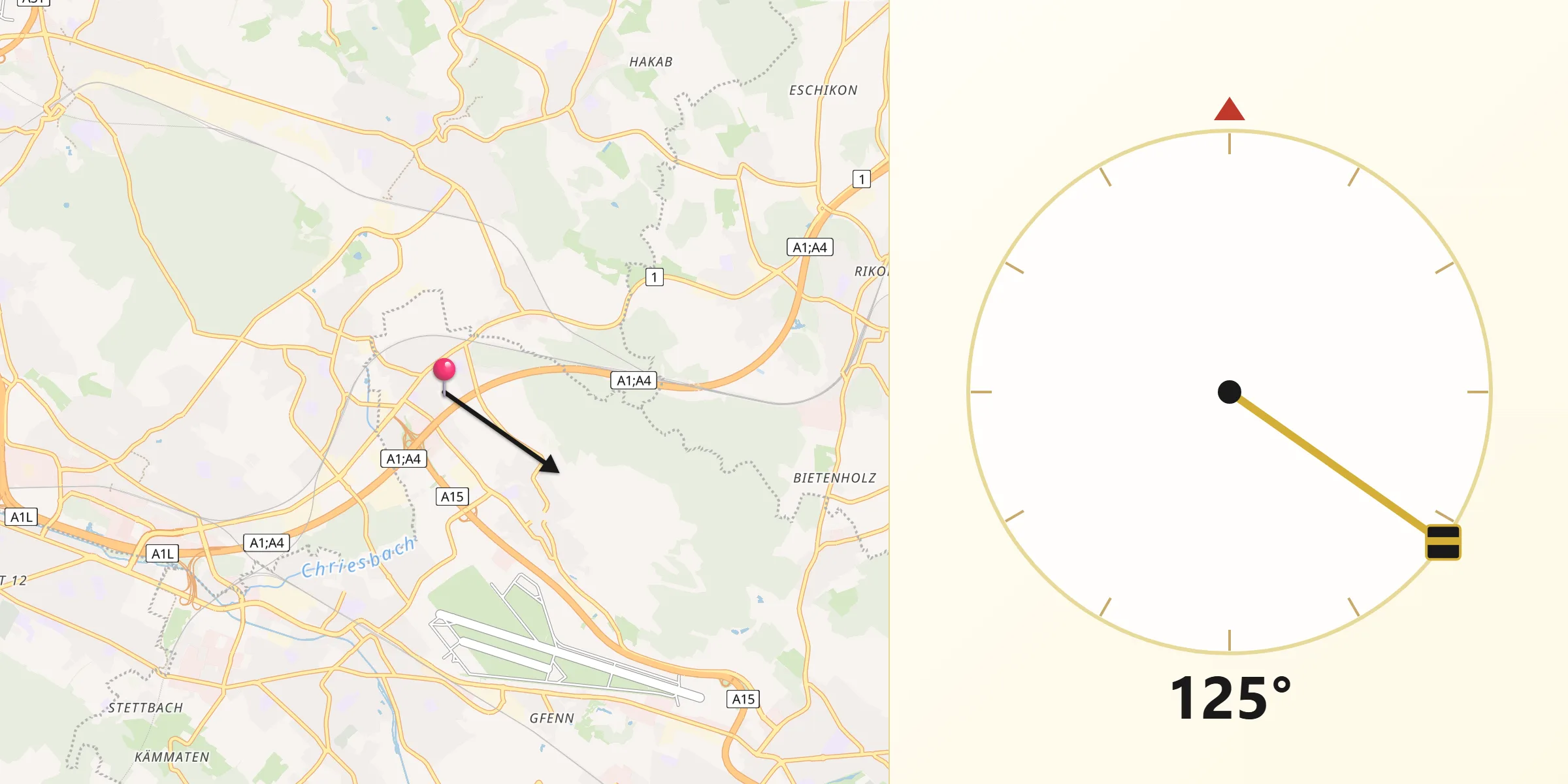 Direction vers la Qibla depuis Brüttisellen
