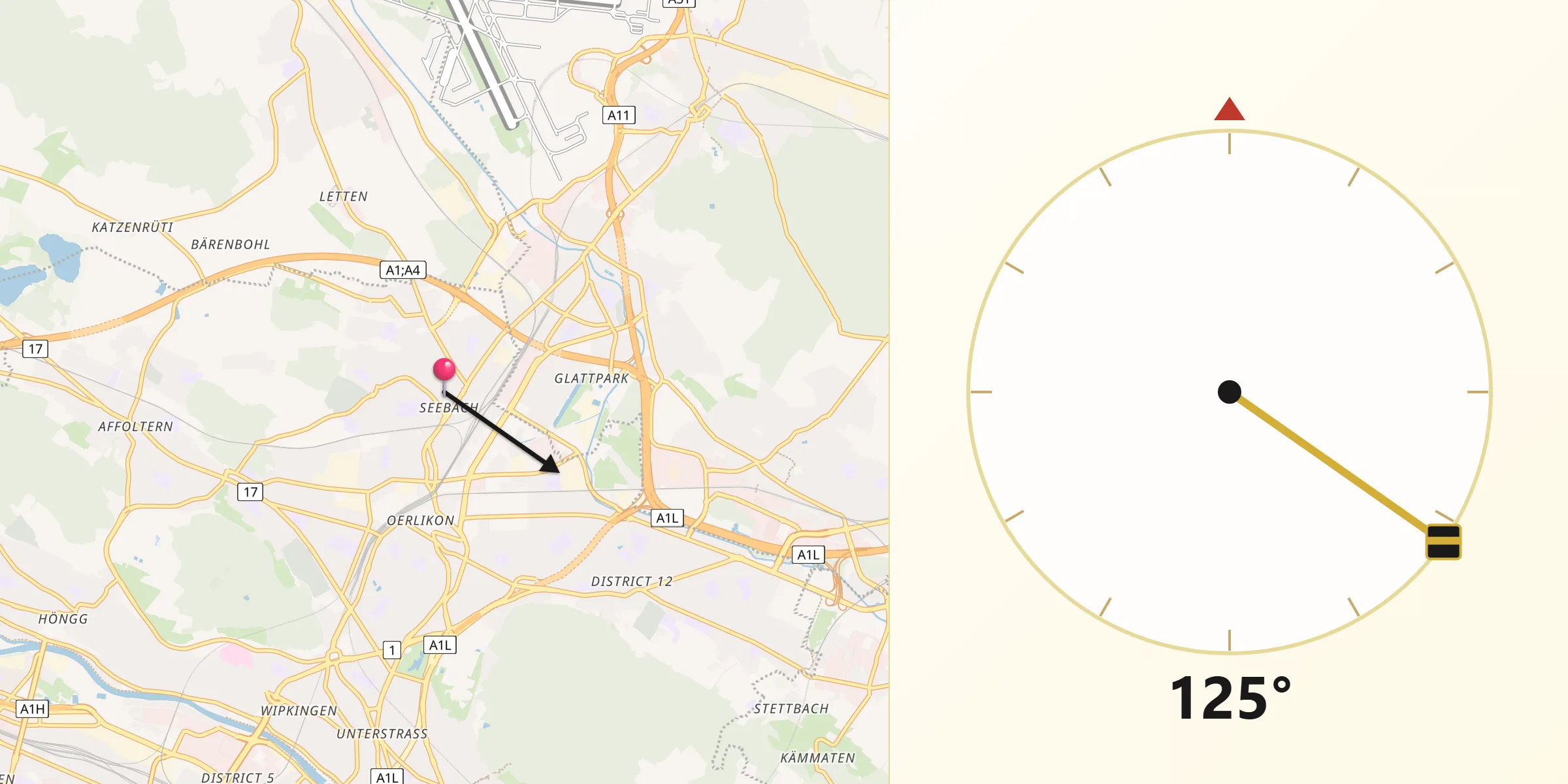 Qibla-Richtung von Zürich (Kreis 11) / Seebach
