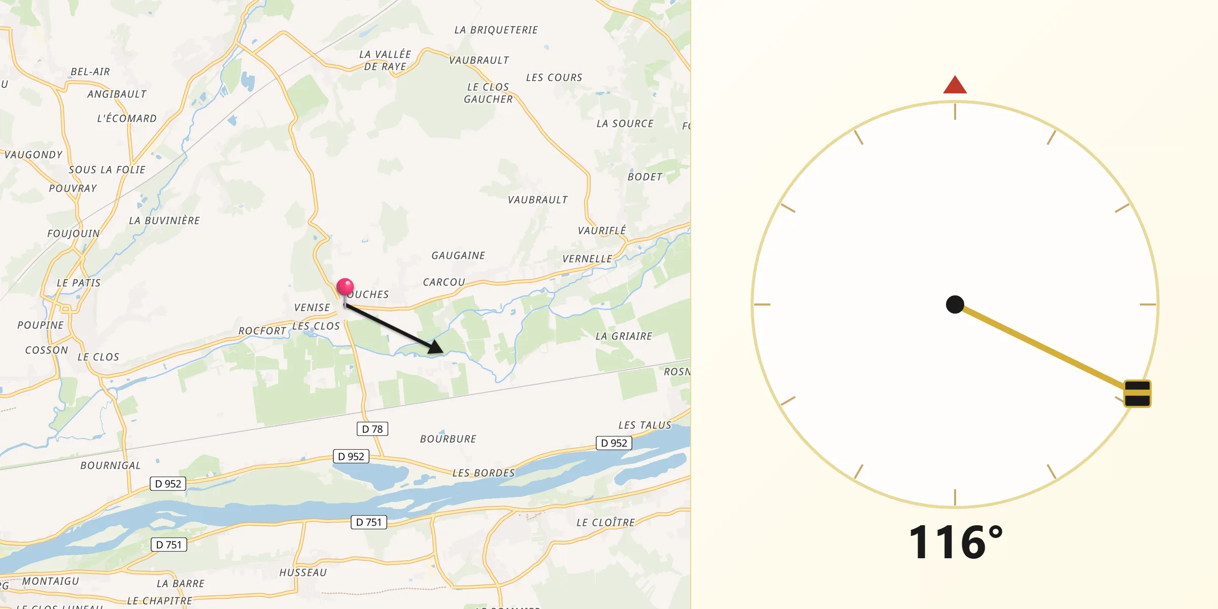 Direction vers la Qibla depuis Noizay