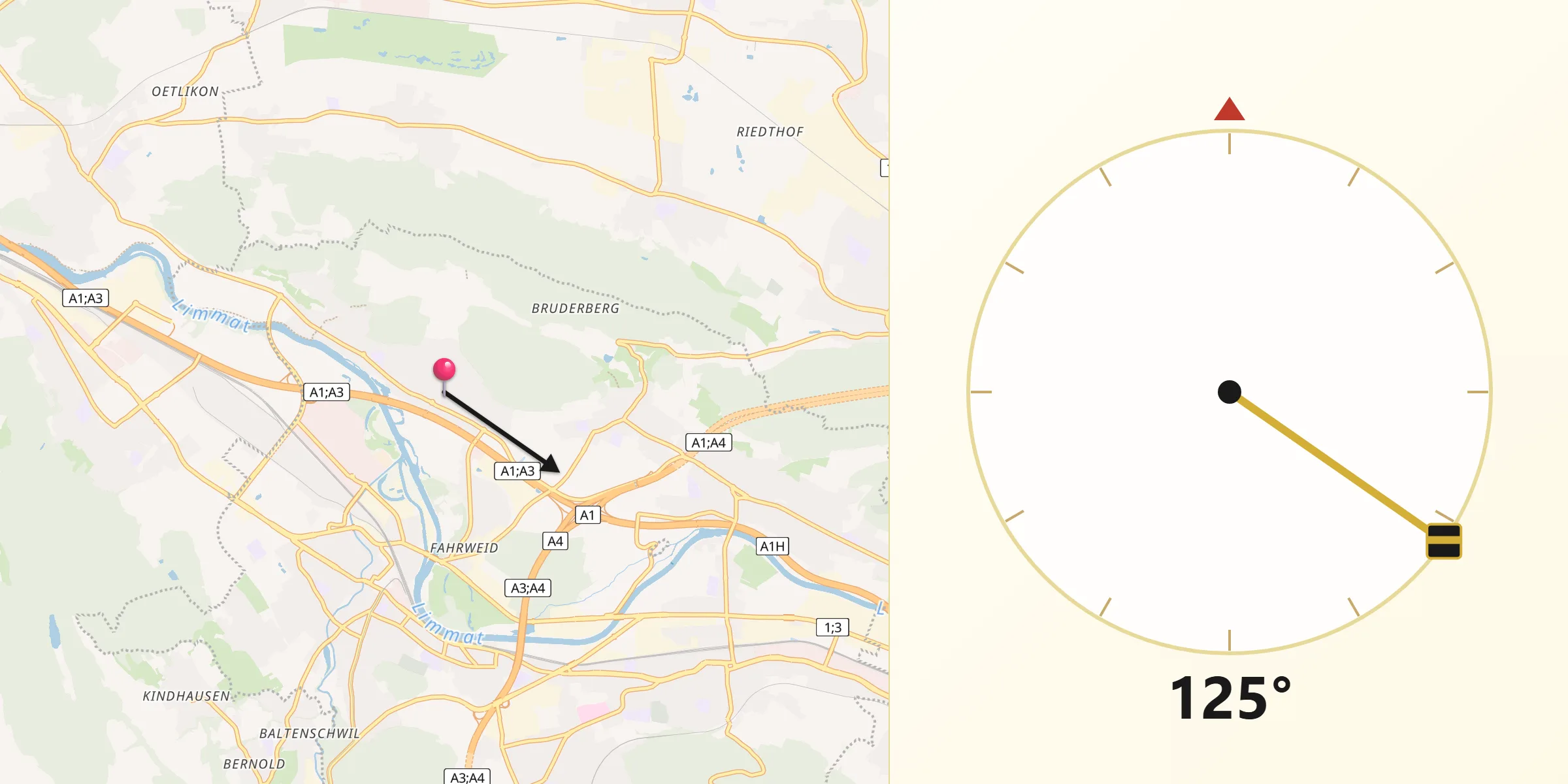 Direction vers la Qibla depuis Geroldswil