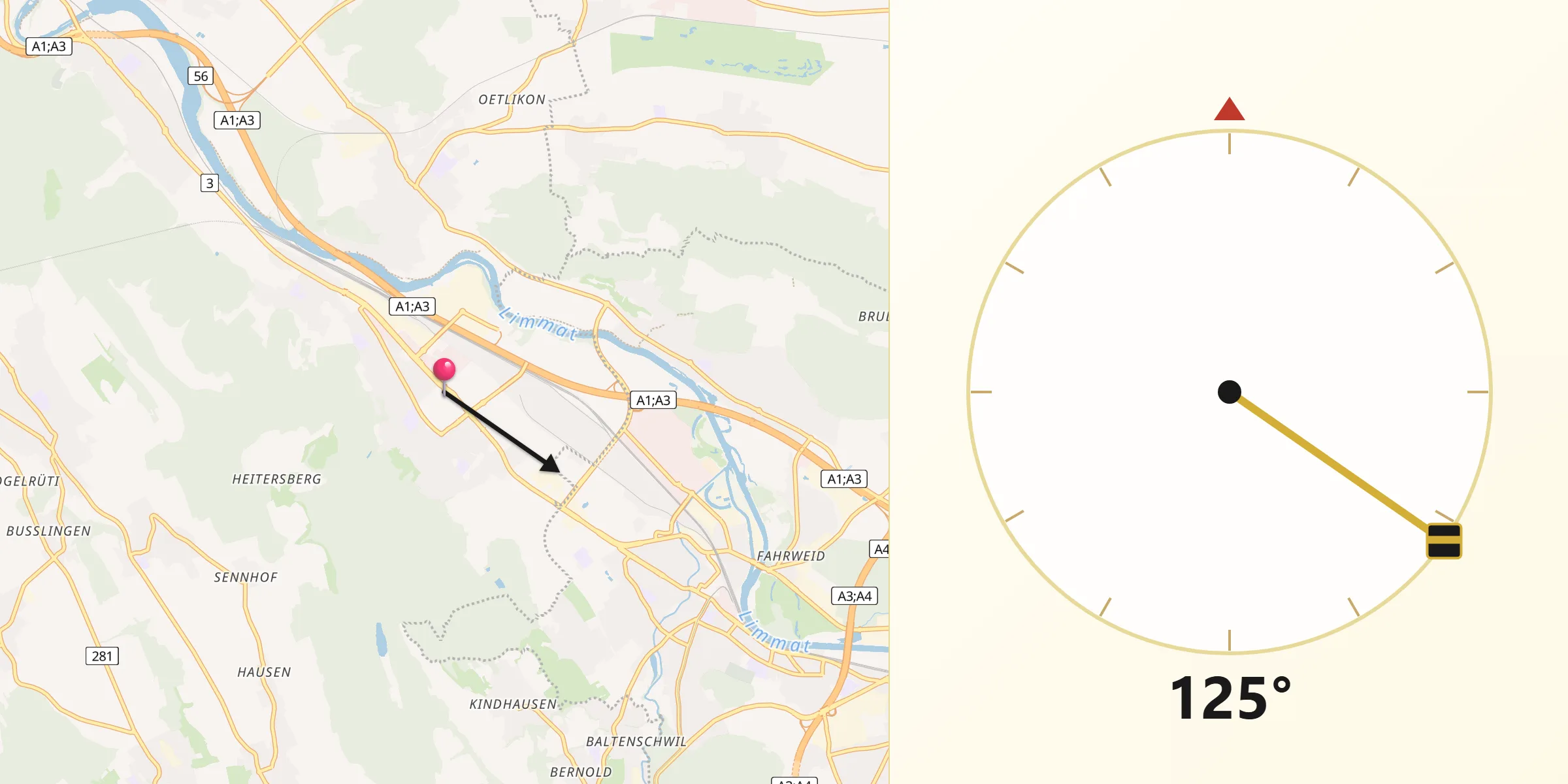 Direction vers la Qibla depuis Spreitenbach