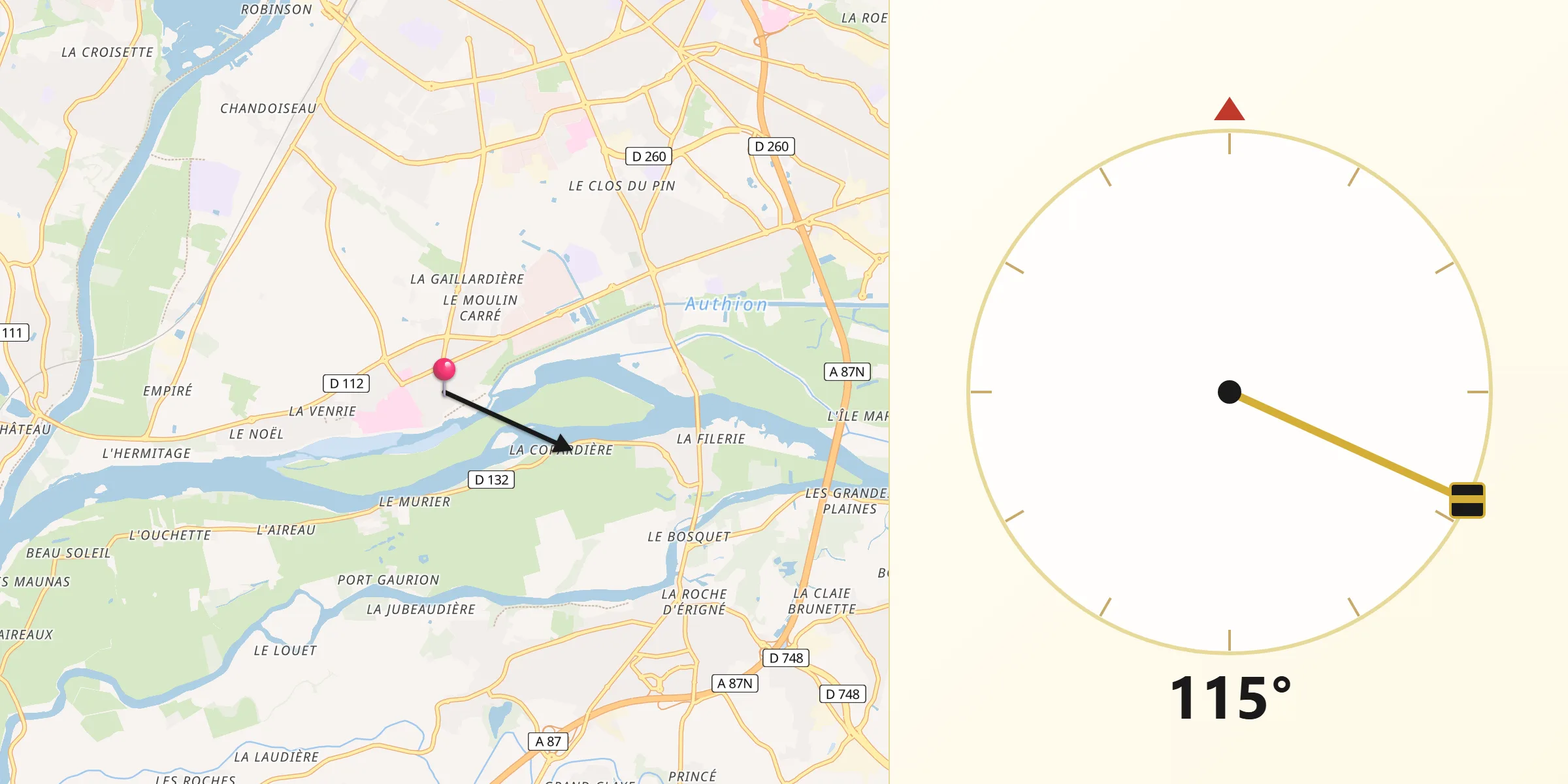 Direction vers la Qibla depuis Sainte-Gemmes-sur-Loire