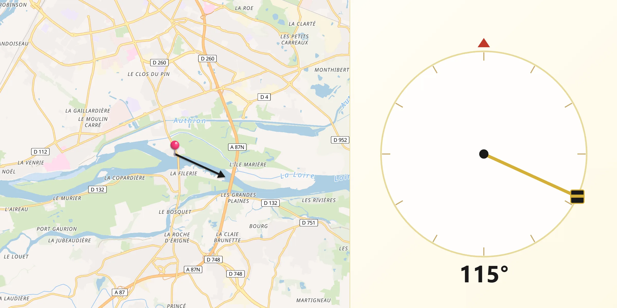 Direction vers la Qibla depuis Les Ponts-de-Cé