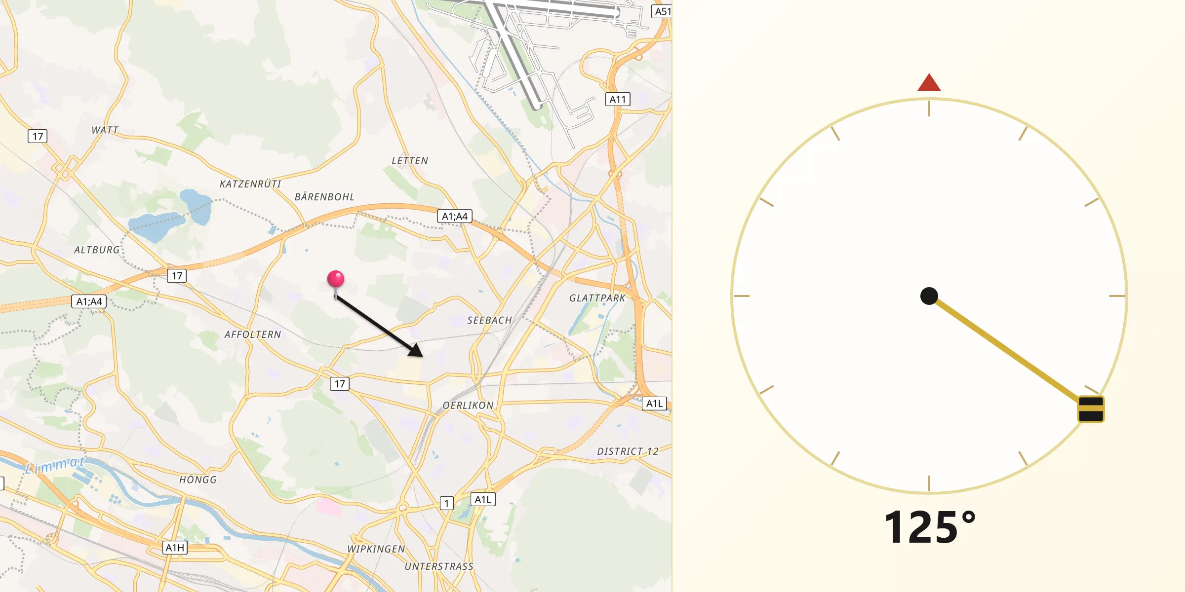 Direction vers la Qibla depuis Zürich (Kreis 11)