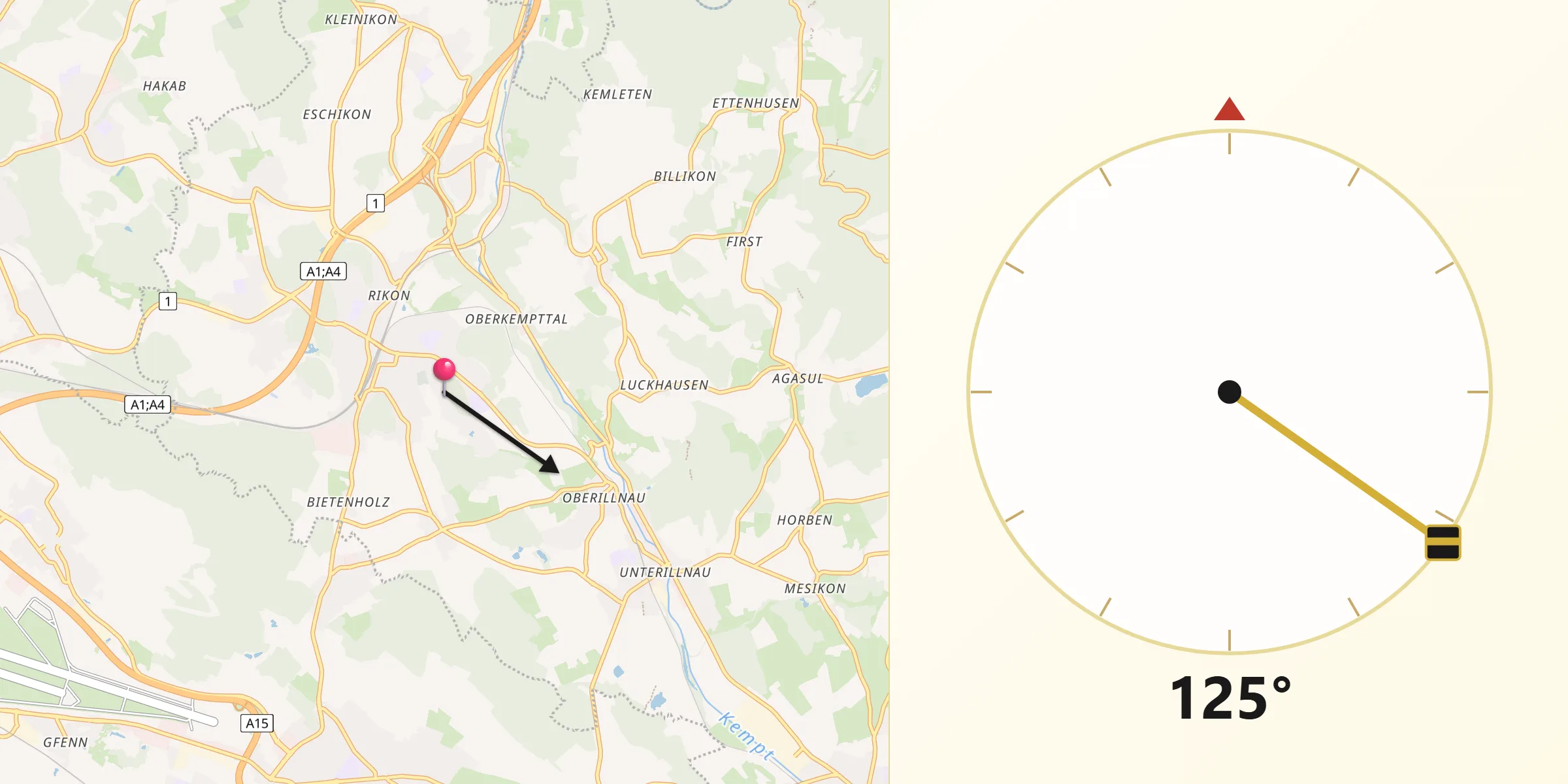 Qibla-Richtung von Effretikon / Rappenhalde-Bannhalde