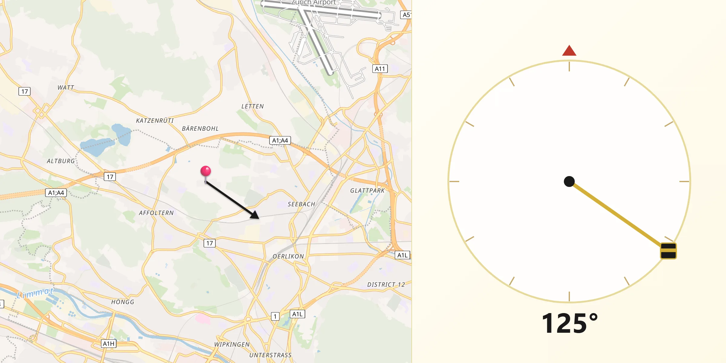 Qibla-Richtung von Zürich (Kreis 11) / Schwandenholz