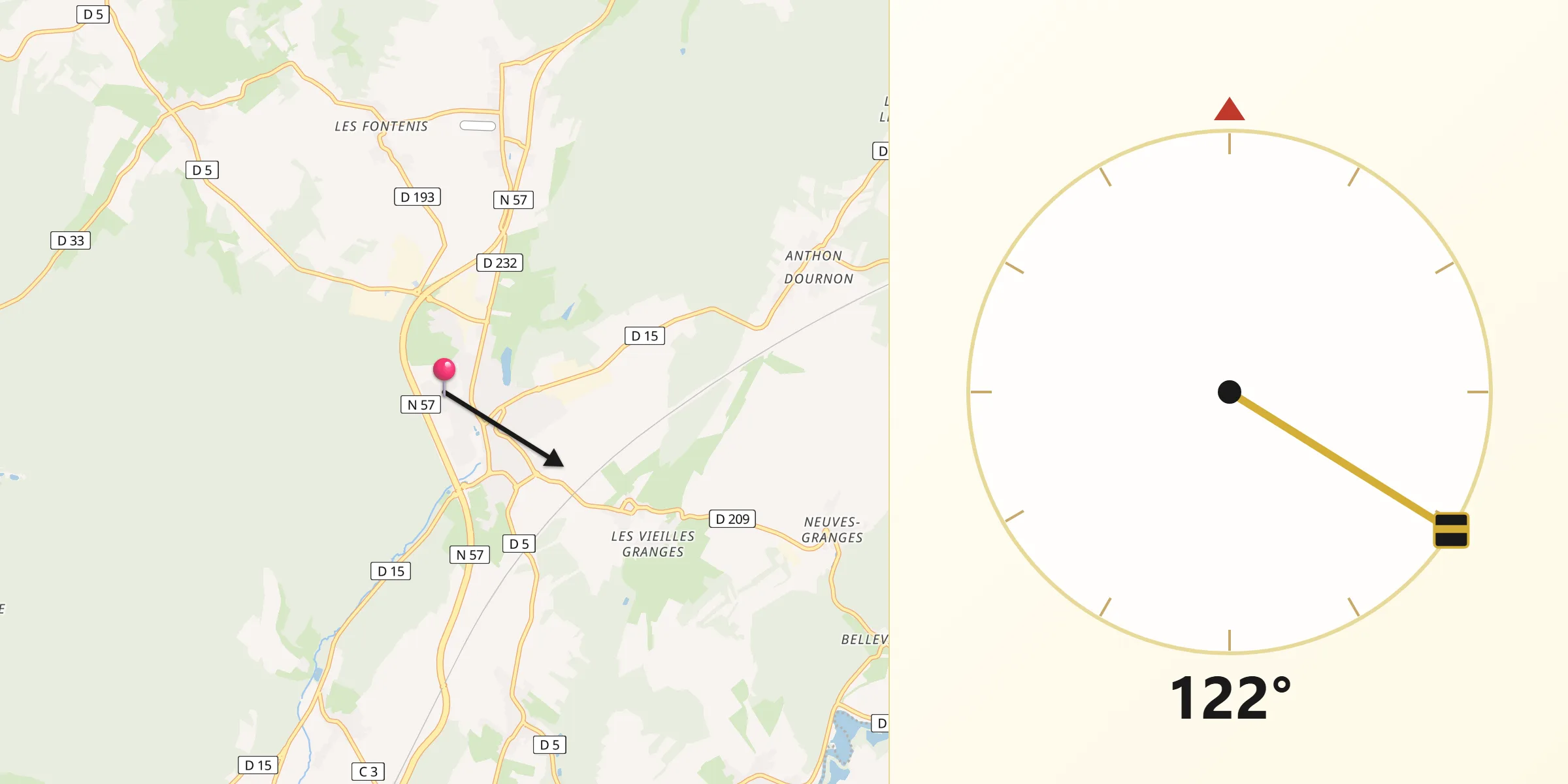 Direction vers la Qibla depuis Rioz