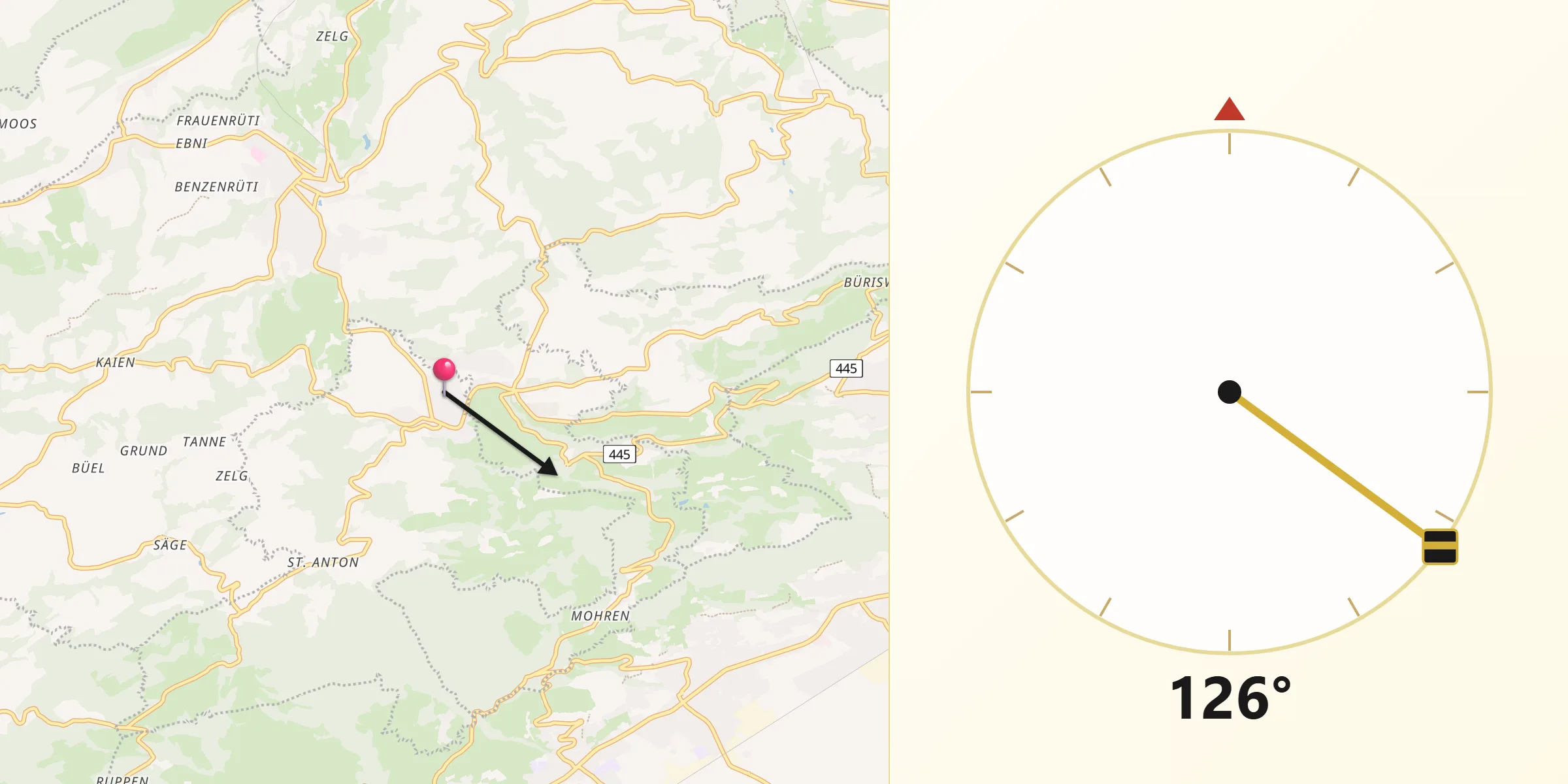 Direction vers la Qibla depuis Oberegg